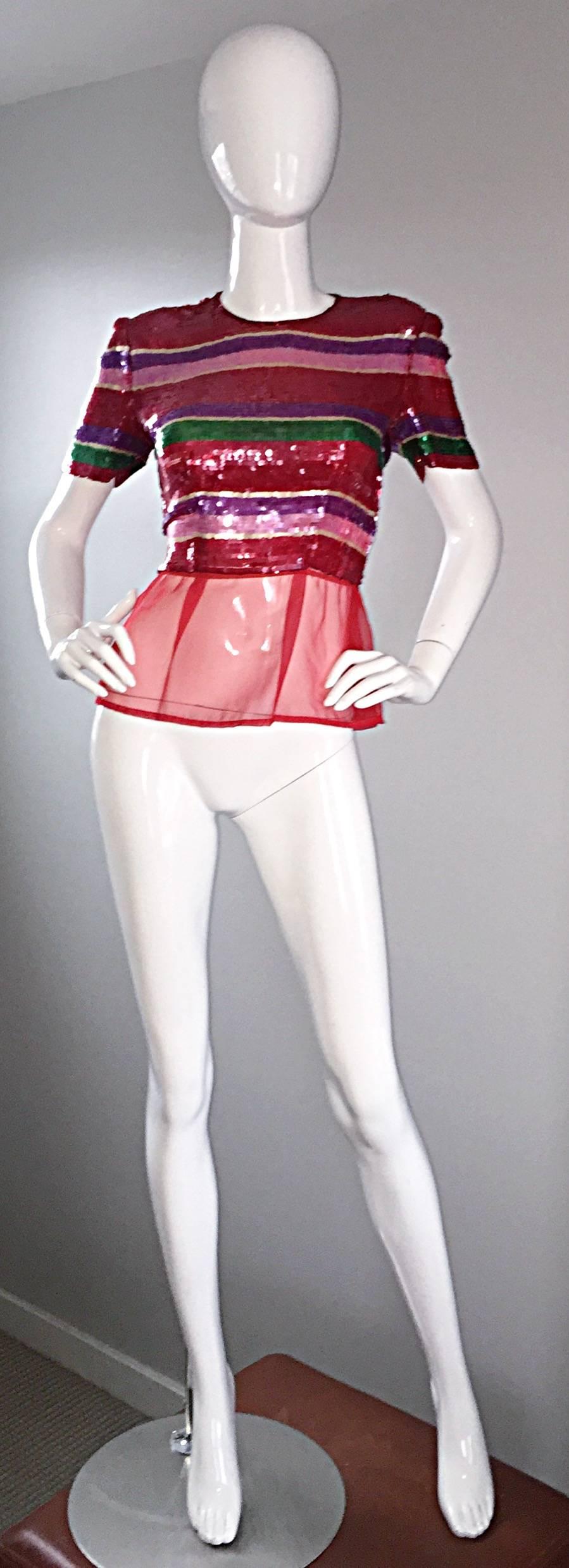 Vintage Victor Costa für Neiman Marcus Vintage Buntes Crop Top aus Chiffon mit Pailletten und Schößchen in Schößchen im Angebot 2