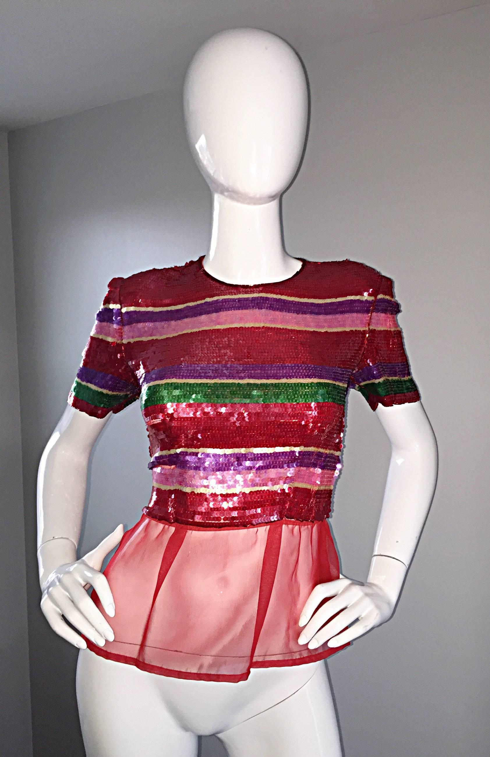 Vintage Victor Costa For Neiman Marcus Colorful Sequin Chiffon Peplum ...