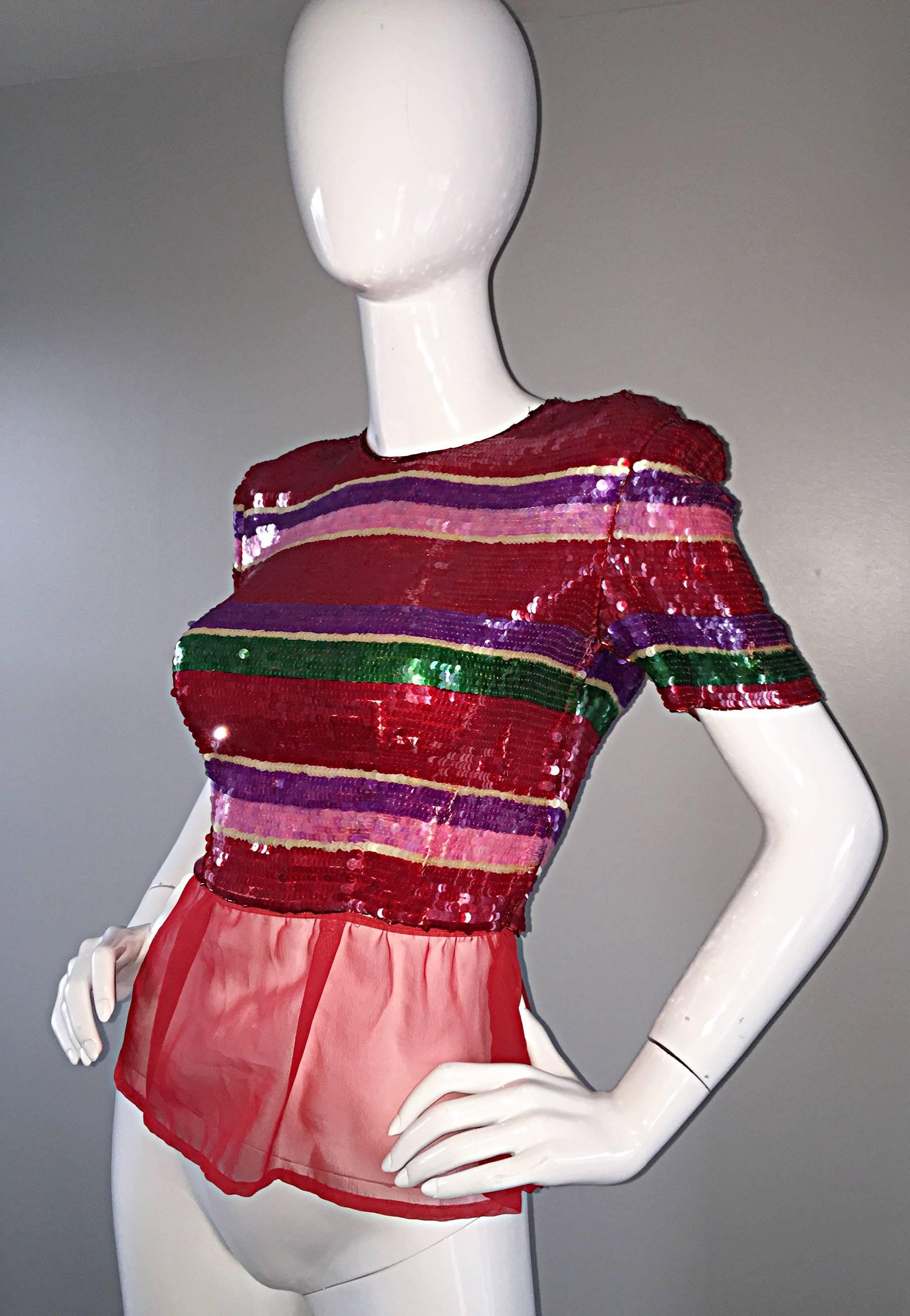 Women's Vintage Victor Costa For Neiman Marcus Colorful Sequin Chiffon Peplum Crop Top For Sale