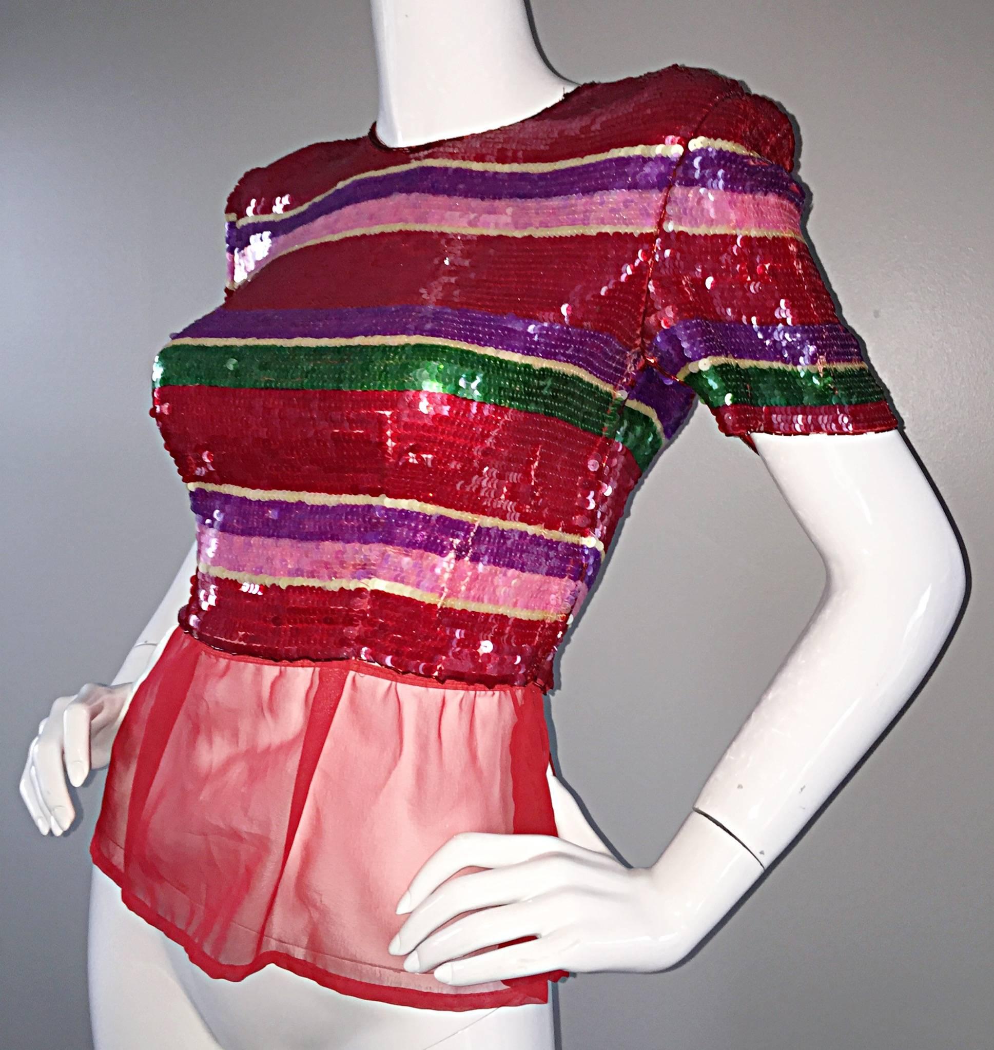 Vintage Victor Costa für Neiman Marcus Vintage Buntes Crop Top aus Chiffon mit Pailletten und Schößchen in Schößchen im Zustand „Hervorragend“ im Angebot in San Diego, CA