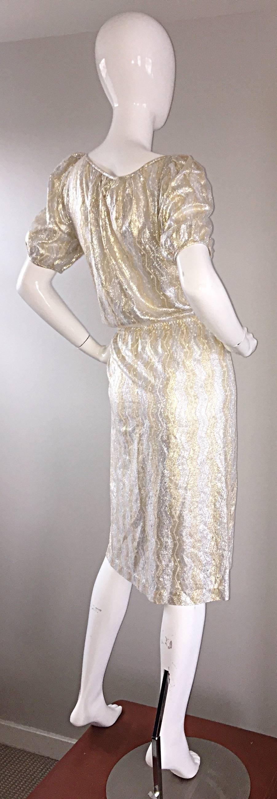 Vintage Sultana / Adini Silver and Gold Metallic Silk Crochet Short Sleeve Dress In New Condition For Sale In San Diego, CA