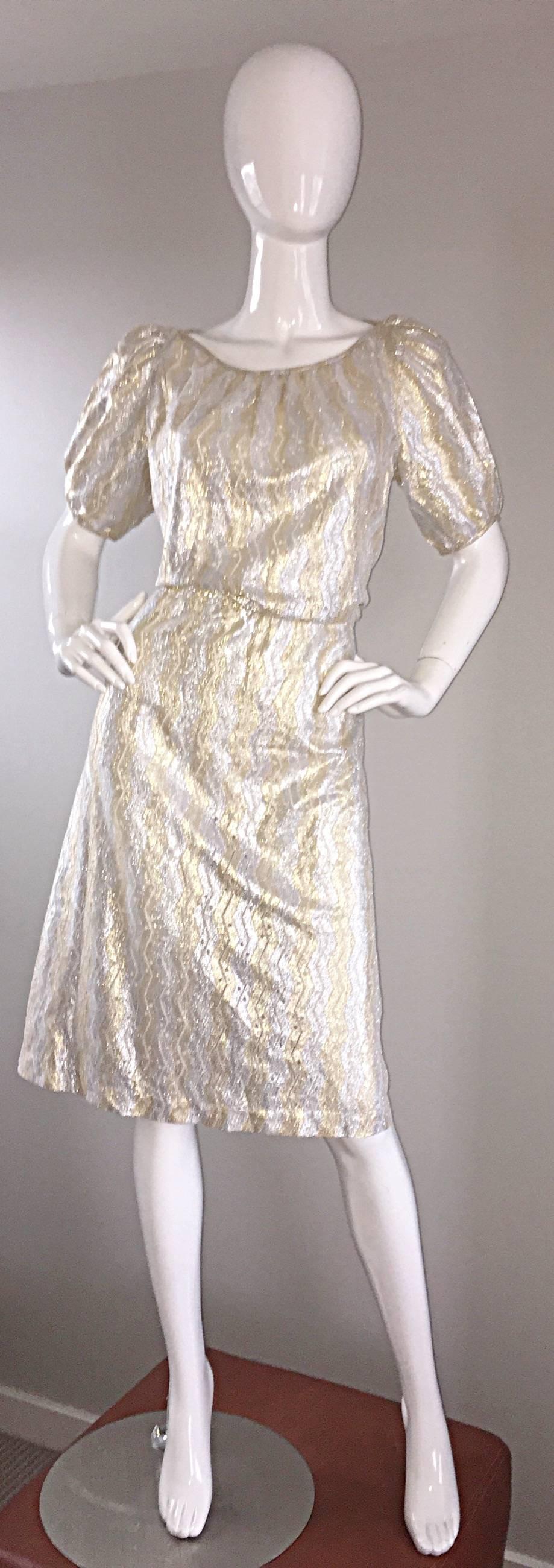 Amazing, brand new with original store tags, SULTANA / ADINI silver and gold metallic short sleeve dress! Super rare, hard-to-find India designer dress. Features zig-zag stripes, with semi-sheer crochet detail throughout. Slight puff sleeves, with