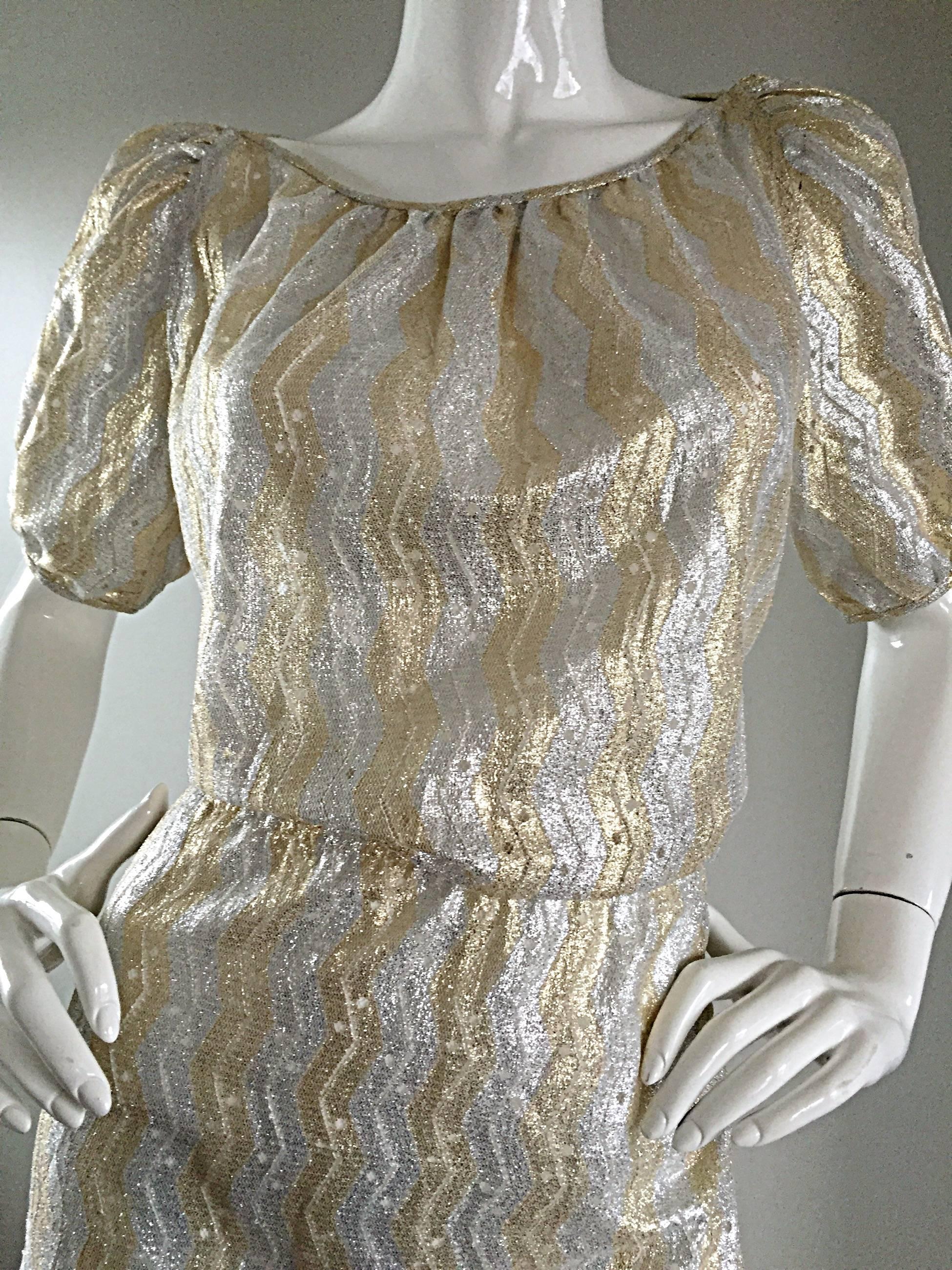 Vintage Sultana / Adini Silver and Gold Metallic Silk Crochet Short Sleeve Dress For Sale 1
