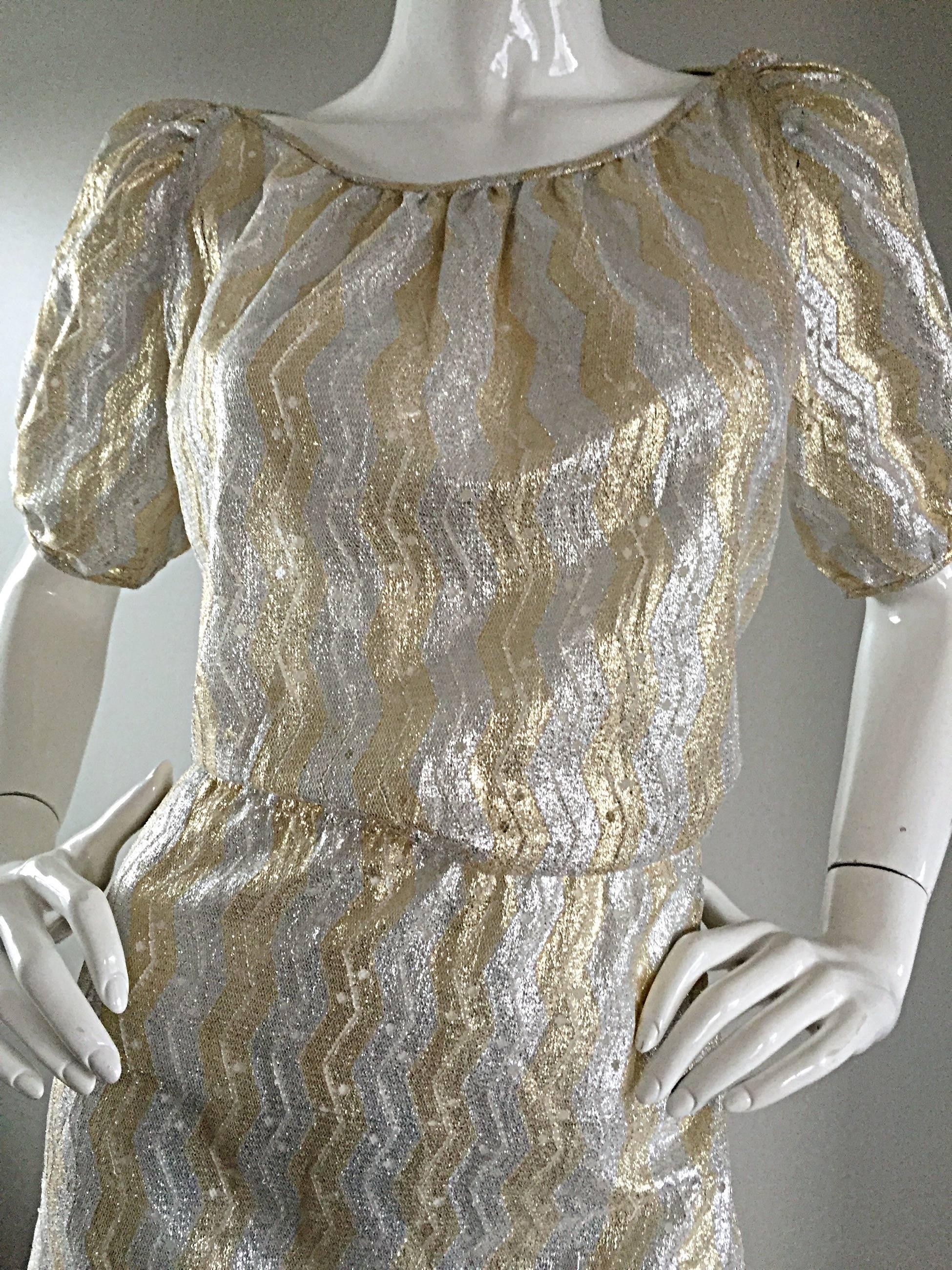Vintage Sultana / Adini Silver and Gold Metallic Silk Crochet Short Sleeve Dress For Sale 2