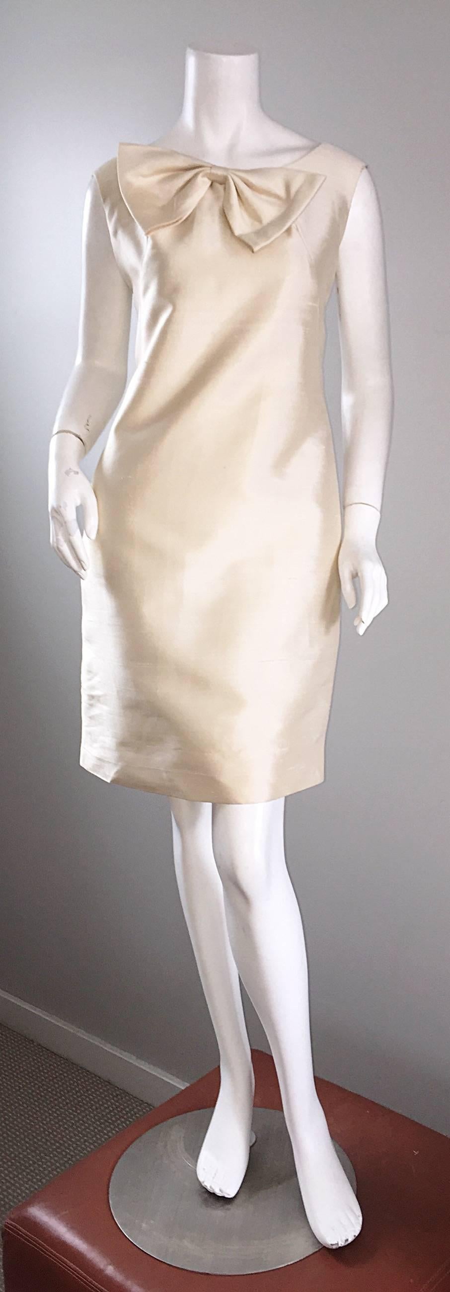 Chic 1960s Ivory Off White Raw Silk Vintage Shift Dress w/ Oversized Bow Collar 1