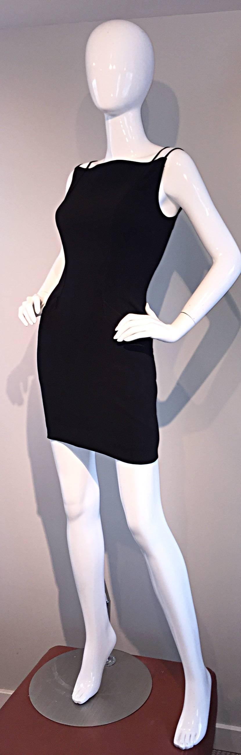 Women's Sexy Vintage Thierry Mugler 1990s Avant Garde Black Bodycon Dress w/ Pockets 