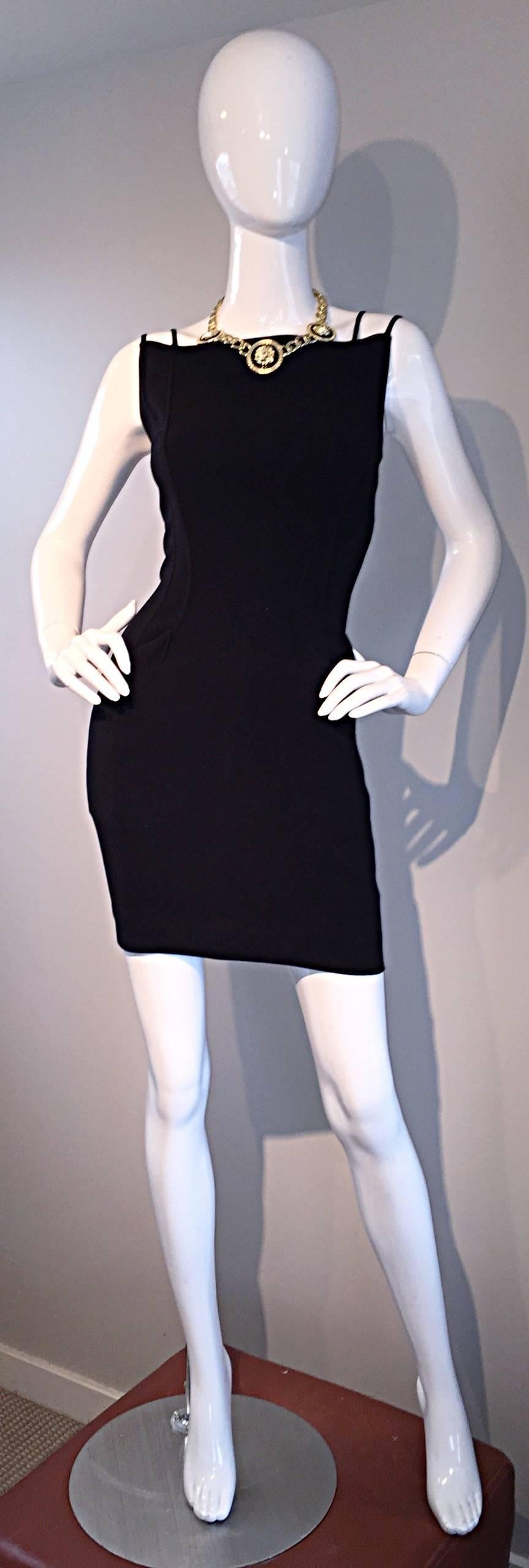 Sexy Vintage Thierry Mugler 1990s Avant Garde Black Bodycon Dress w/ Pockets  2