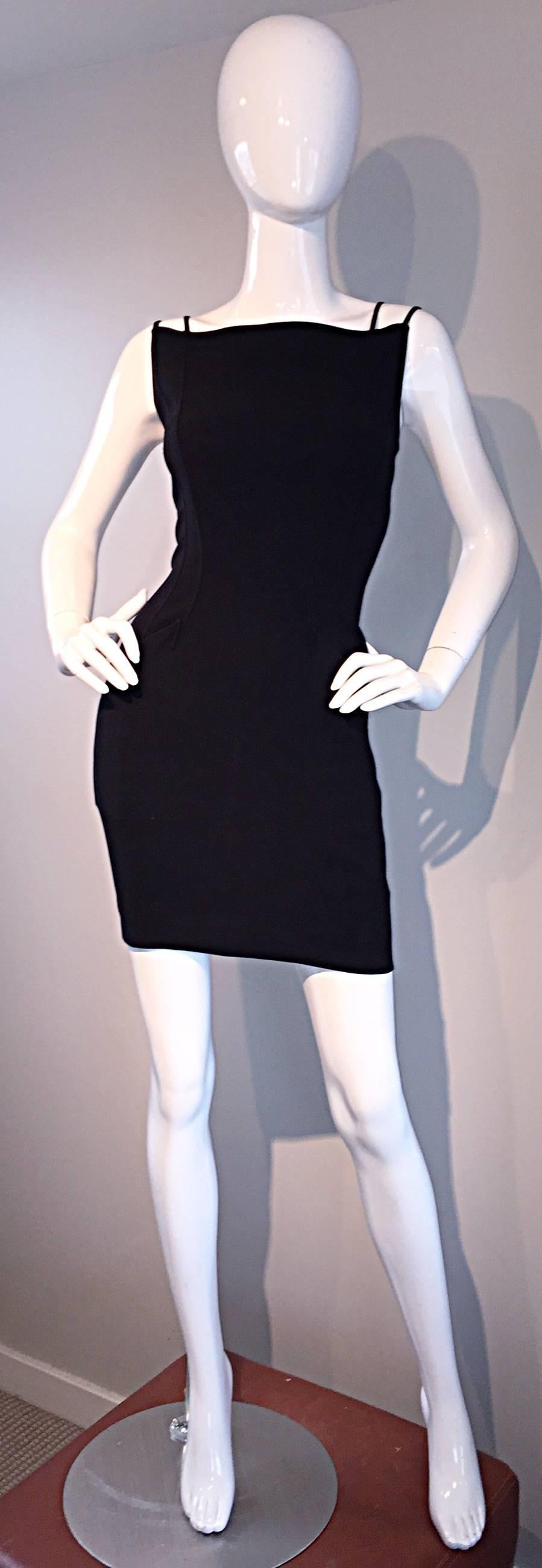 Sexy Vintage Thierry Mugler 1990s Avant Garde Black Bodycon Dress w/ Pockets  5