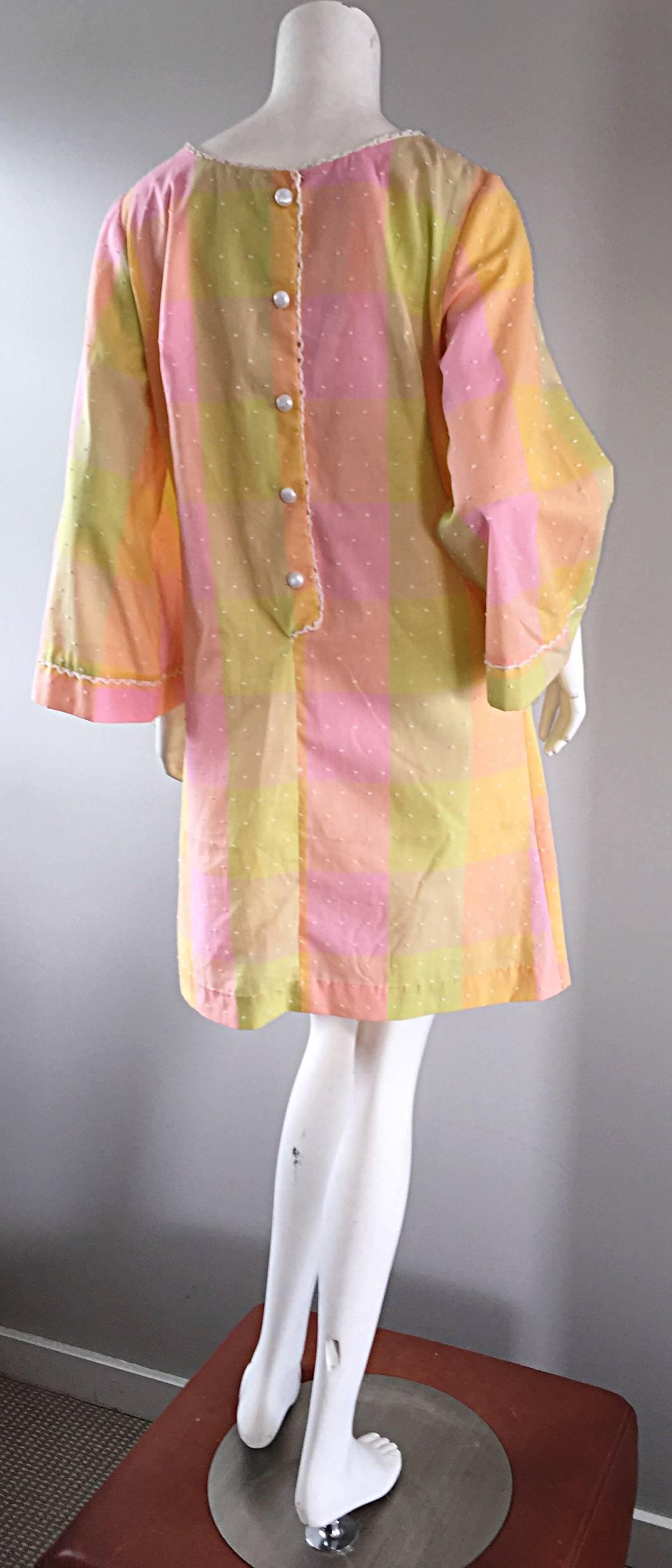 1960s Pastel Pink Plaid Embroidered 60s Shift Bow Dress w/ Amazing Bell Sleeves For Sale 3
