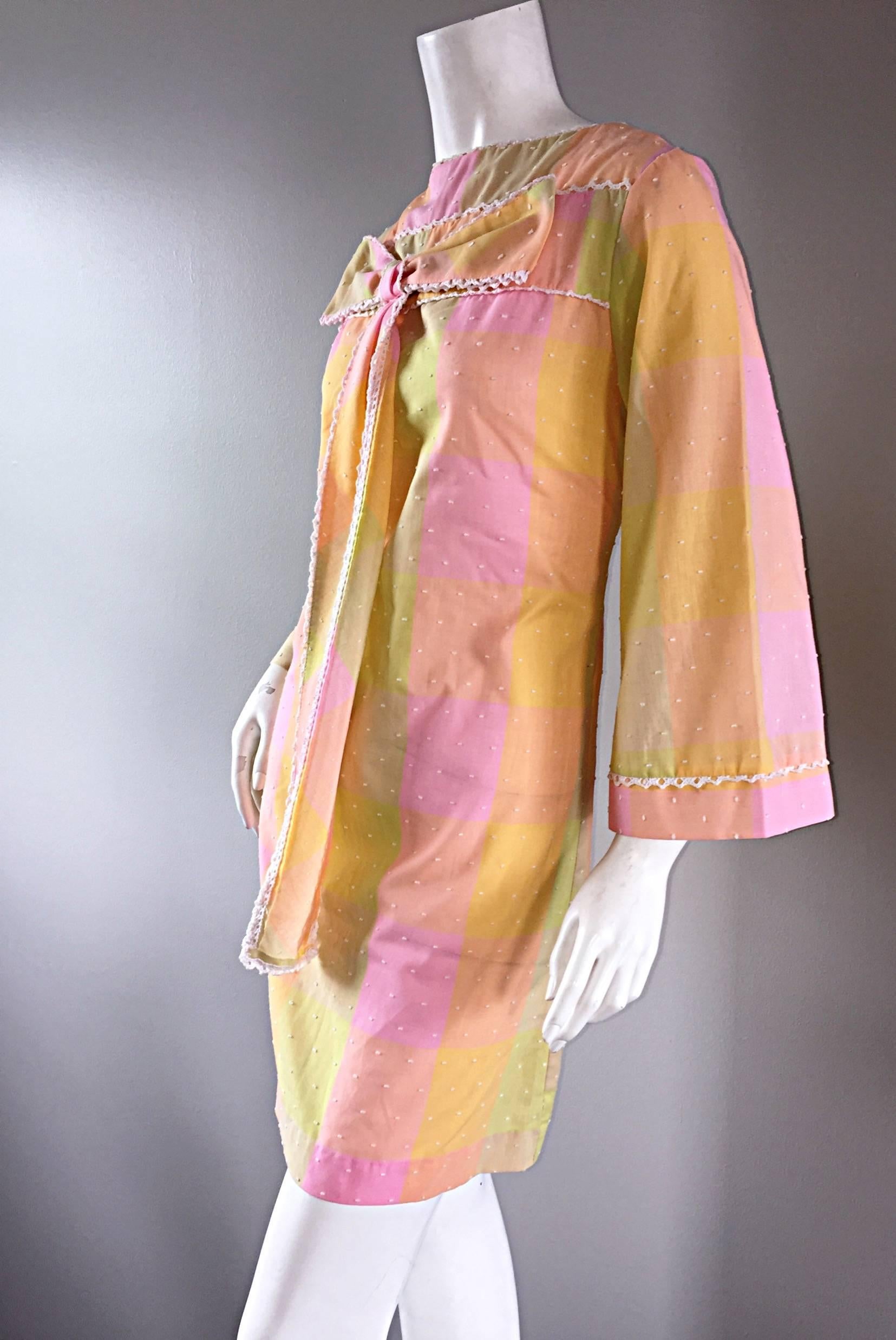 1960s Pastel Pink Plaid Embroidered 60s Shift Bow Dress w/ Amazing Bell Sleeves For Sale 1