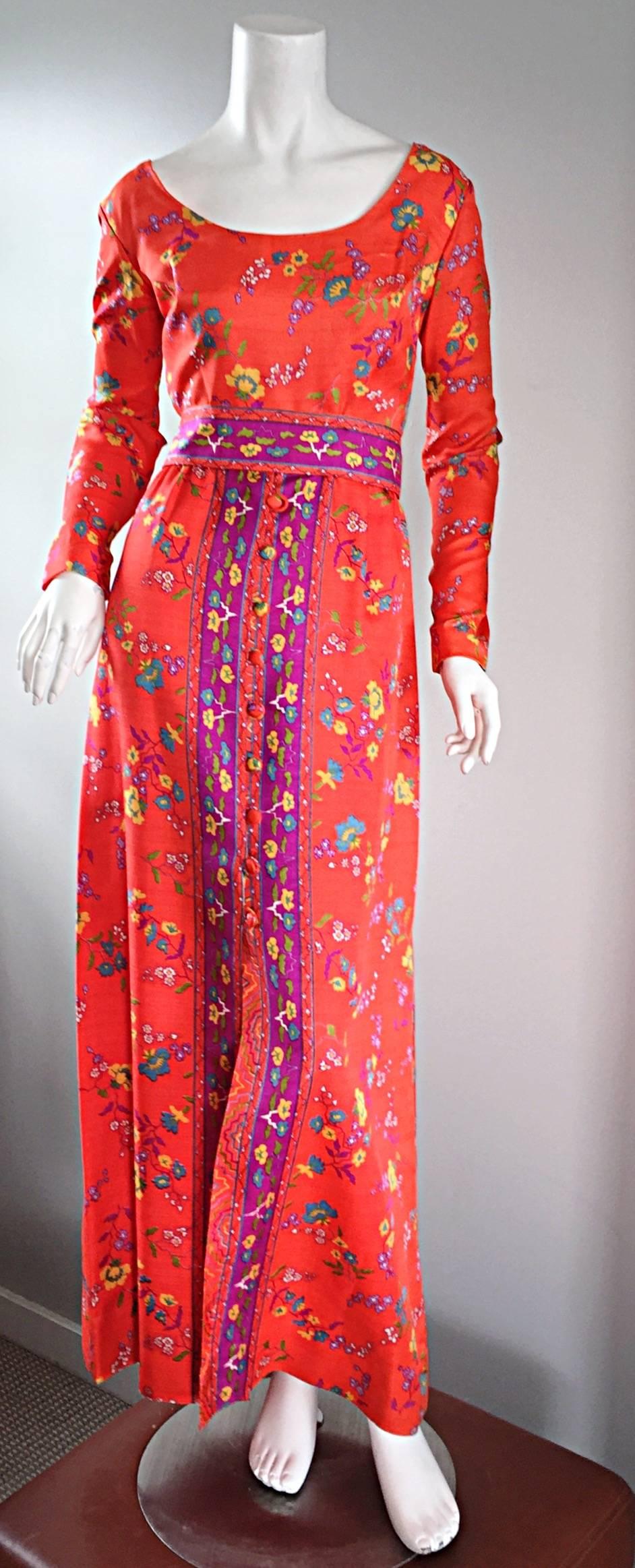 Amazing vintage OSCAR DE LA RENTA early 1970s gown! Wonderful vibrant colors of bright orange, purple, green, blue, yellow, and pink! Fabric covered (functional) buttons up the skirt, which can be left partially undone for a more provocative look.