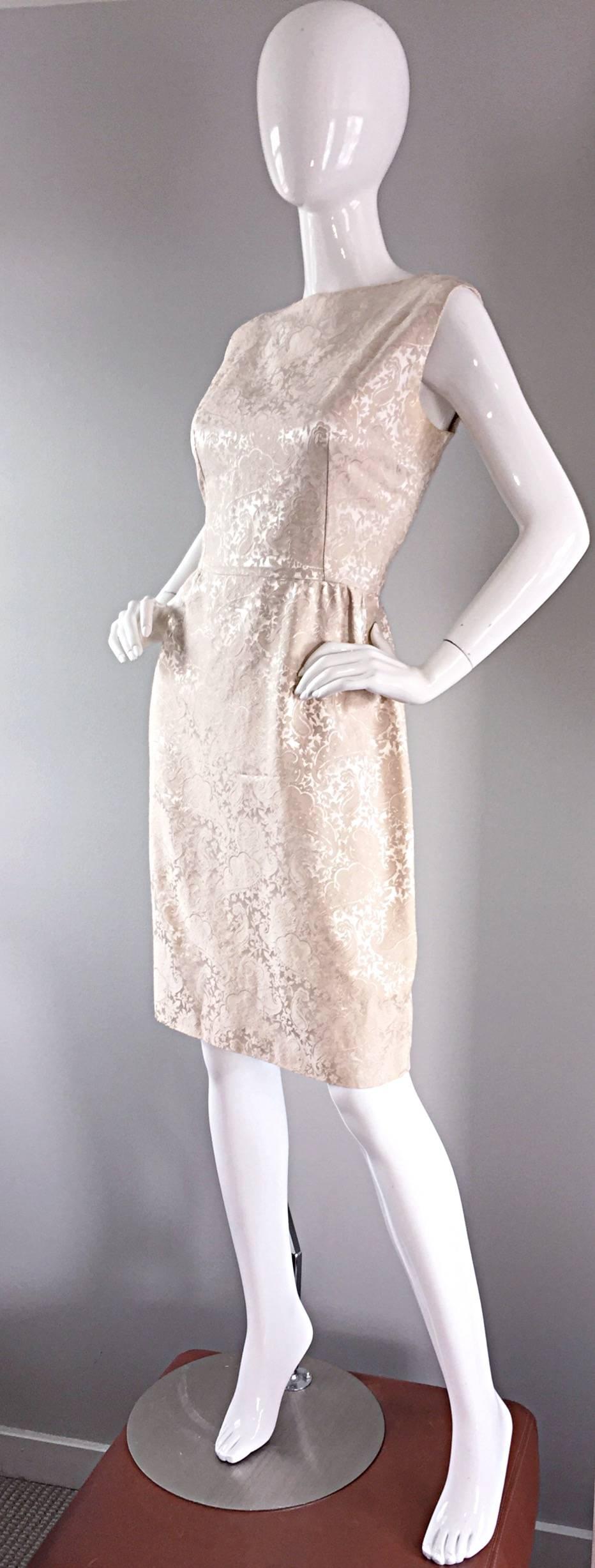 Chic 1960s Iridescent Silk Ivory / Off - White Vintage 60s Dress  In Excellent Condition In San Diego, CA