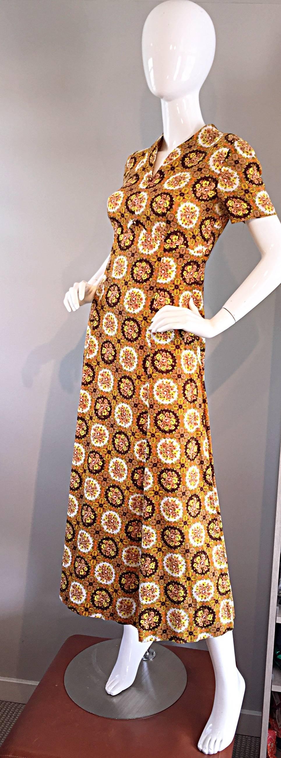 Women's Vintage Joseph Magnin 1970s Boho Cotton Flower 70s Bohemian Ethnic Midi Dress