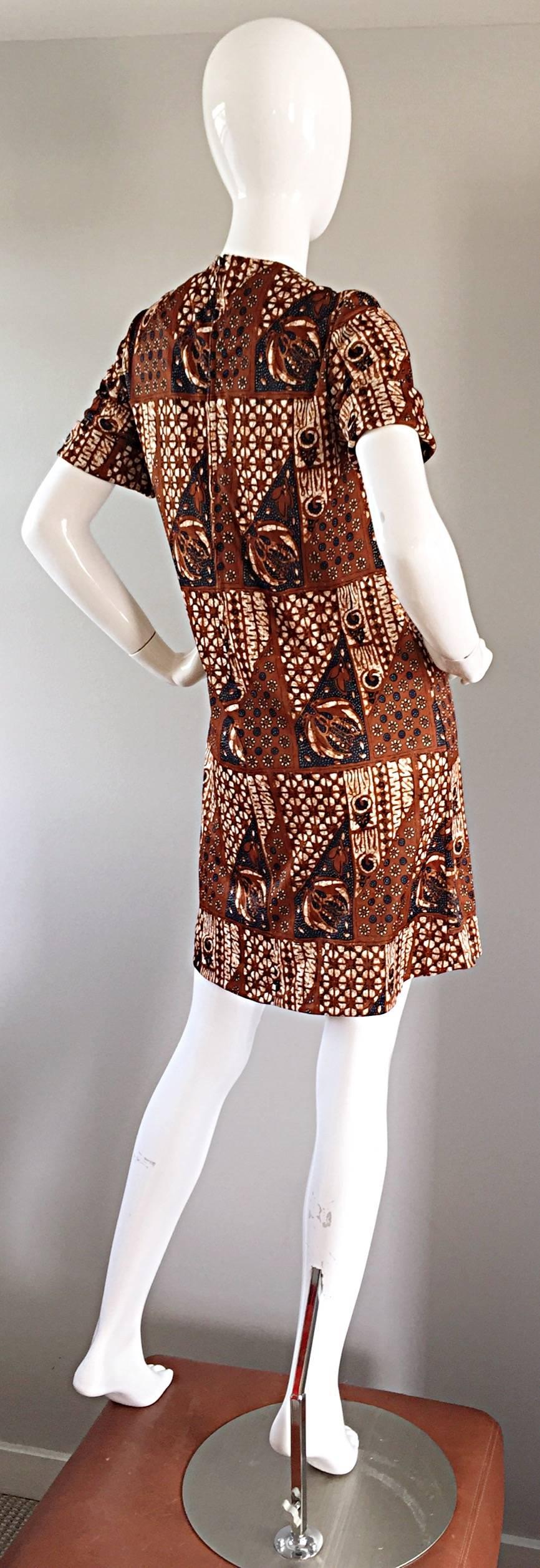 Brown 1960s Joseph Magnin Vintage Tribal Print Ethnic A - Line Trapeze Babydoll Dress For Sale