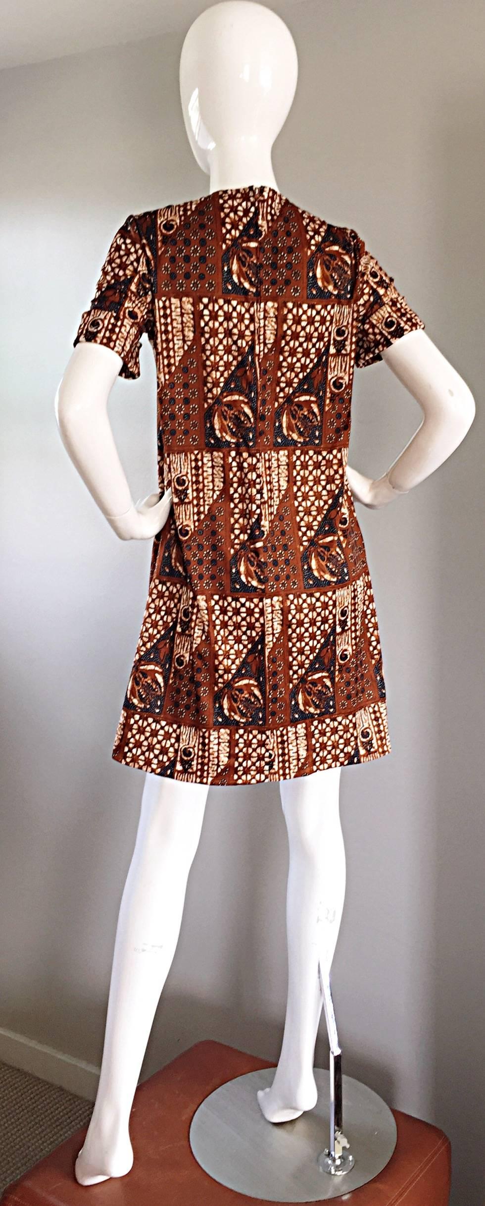1960s Joseph Magnin Vintage Tribal Print Ethnic A - Line Trapeze Babydoll Dress For Sale 1