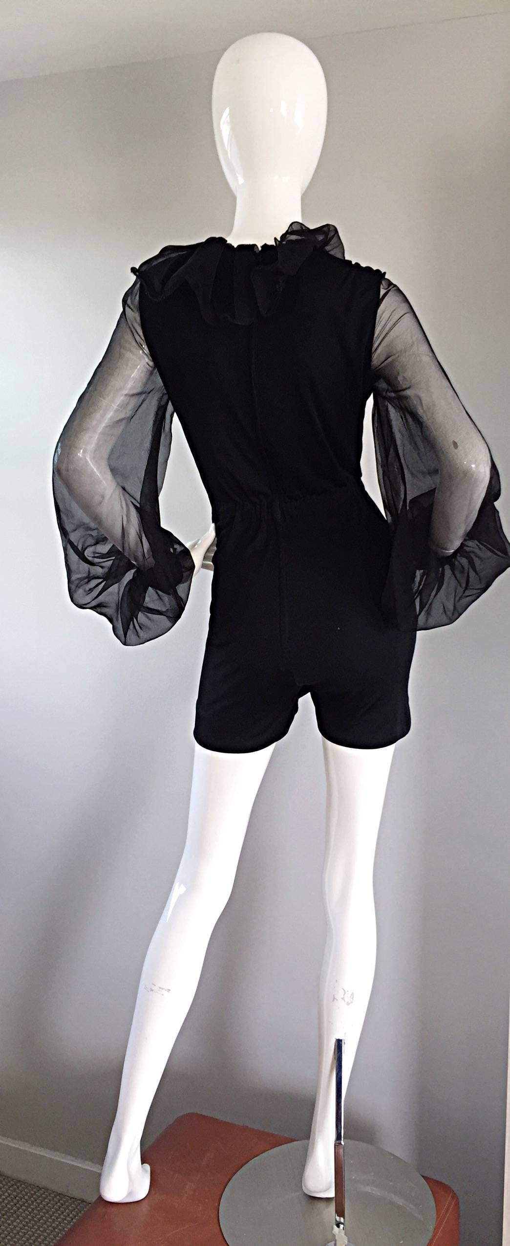 1970s Mollie Parnis Vintage Black Jersey Playsuit Romper w/ Poet Chiffon Sleeves For Sale 1
