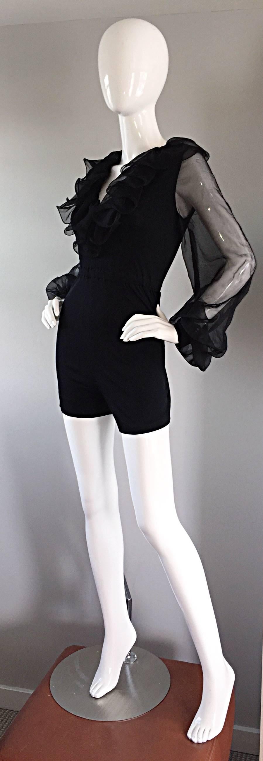 1970s Mollie Parnis Vintage Black Jersey Playsuit Romper w/ Poet Chiffon Sleeves In Excellent Condition For Sale In San Diego, CA