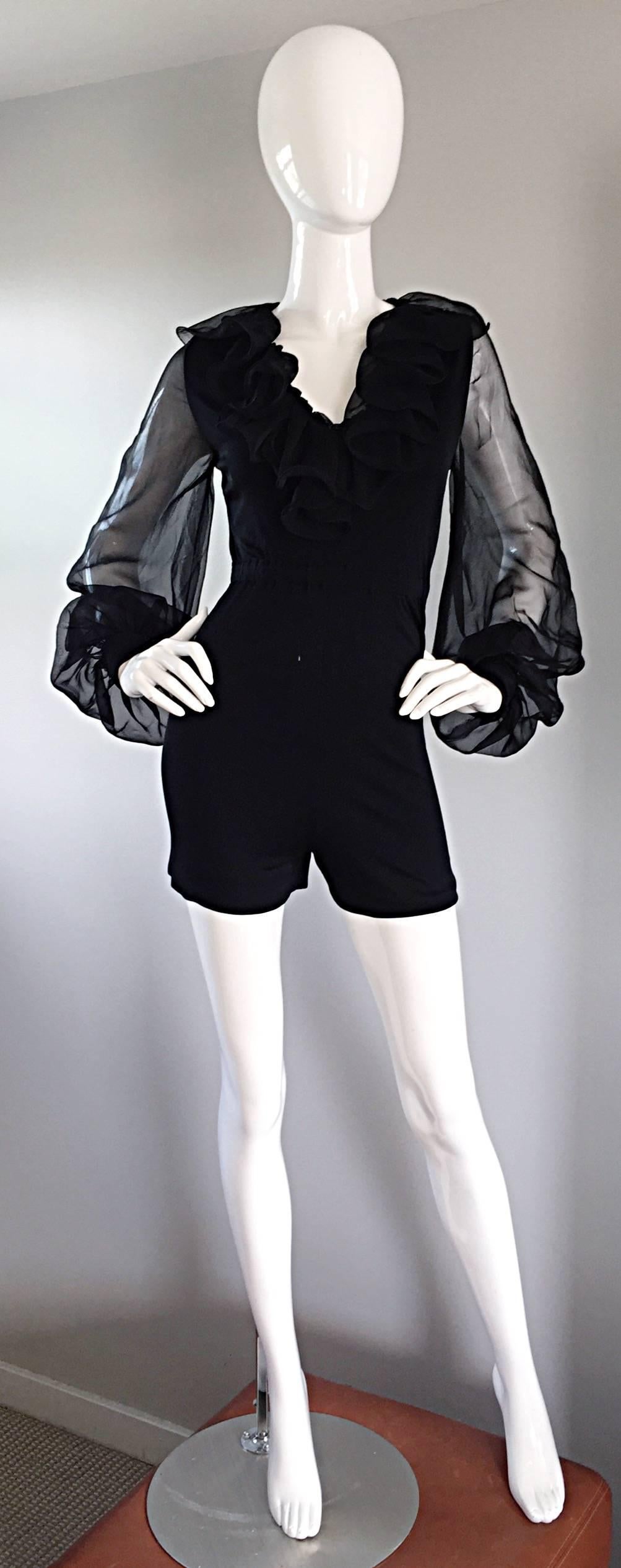 1970s Mollie Parnis Vintage Black Jersey Playsuit Romper w/ Poet Chiffon Sleeves For Sale 2