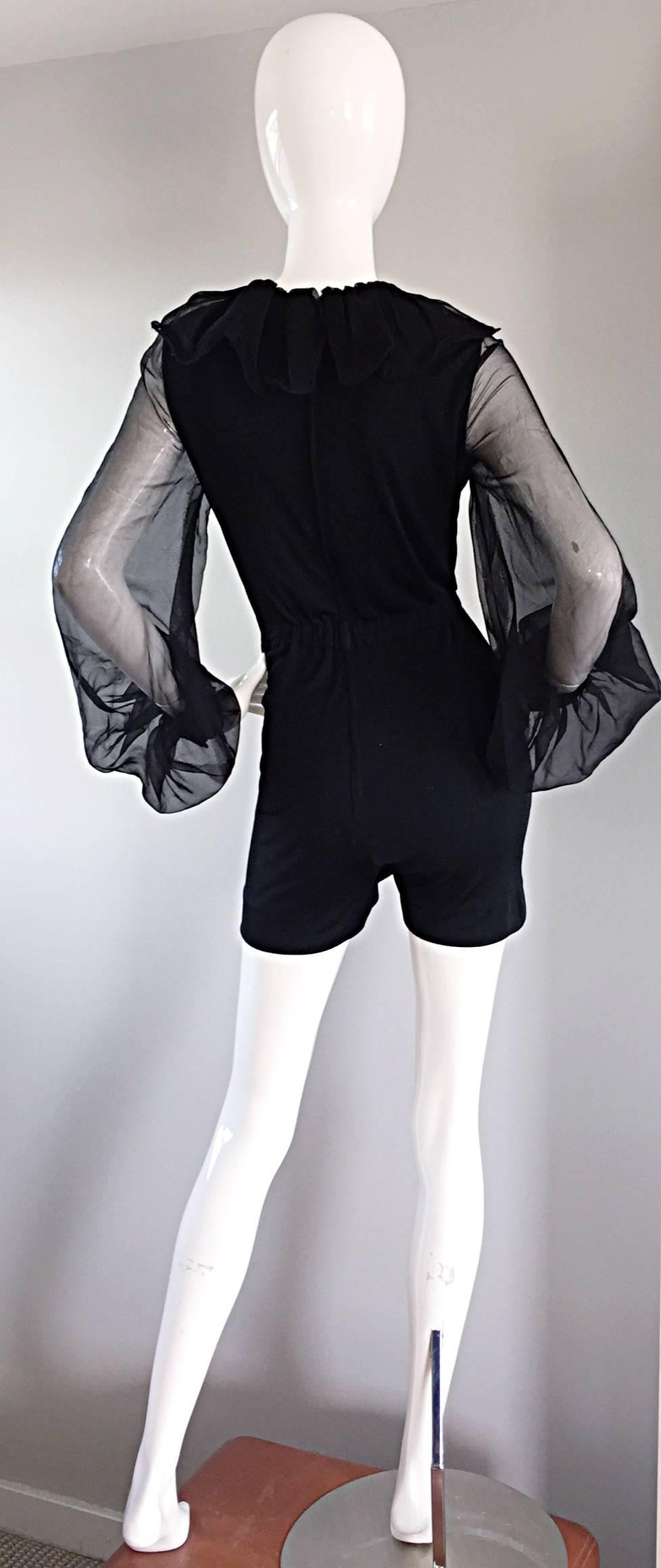 1970s Mollie Parnis Vintage Black Jersey Playsuit Romper w/ Poet Chiffon Sleeves For Sale 3