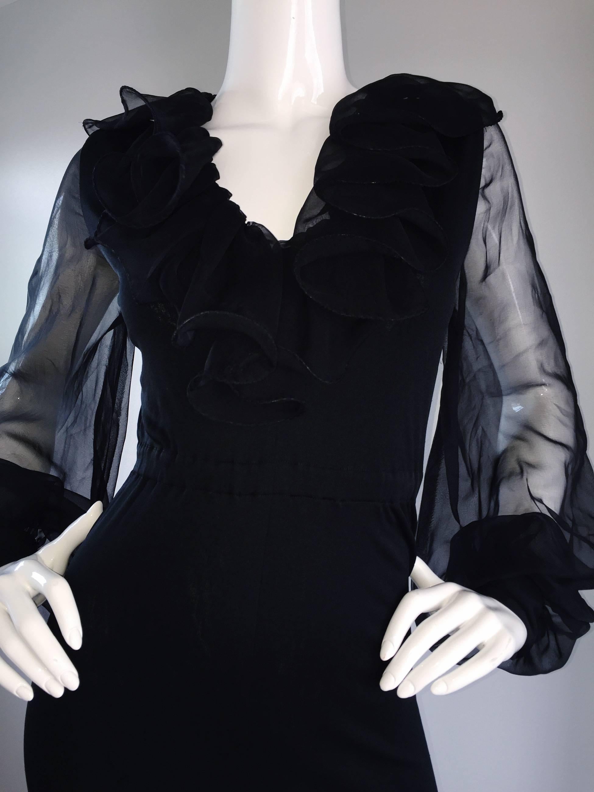 Women's 1970s Mollie Parnis Vintage Black Jersey Playsuit Romper w/ Poet Chiffon Sleeves For Sale