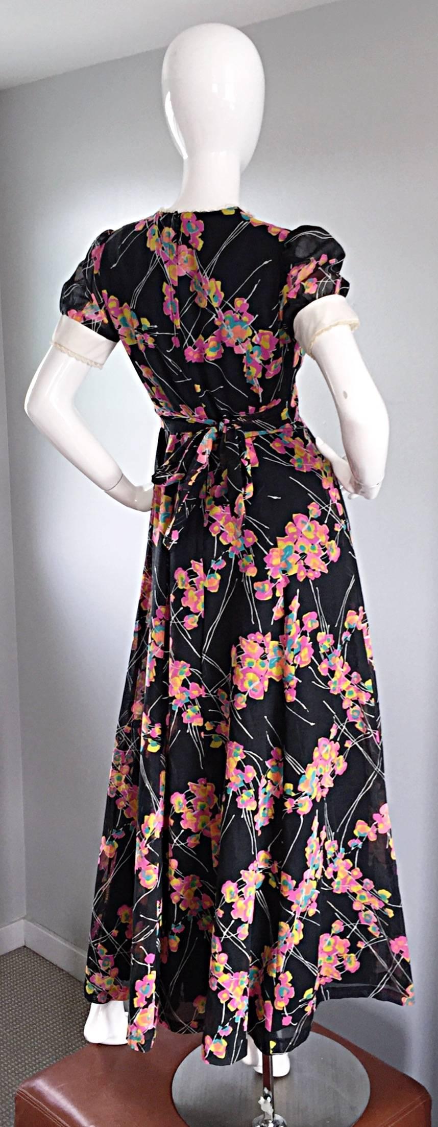 1970s Joseph Magnin Black Multi Colored Flower Print Vintage 70s Maxi Dress In Excellent Condition For Sale In San Diego, CA