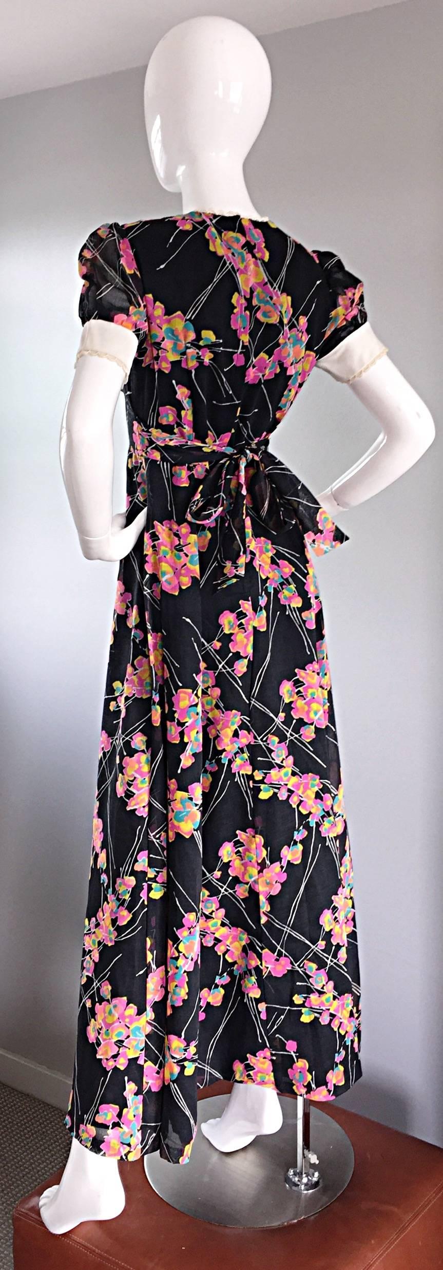 1970s Joseph Magnin Black Multi Colored Flower Print Vintage 70s Maxi Dress For Sale 3