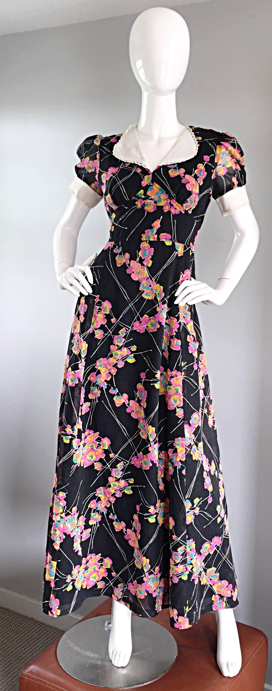 1970s Joseph Magnin Black Multi Colored Flower Print Vintage 70s Maxi Dress For Sale 4
