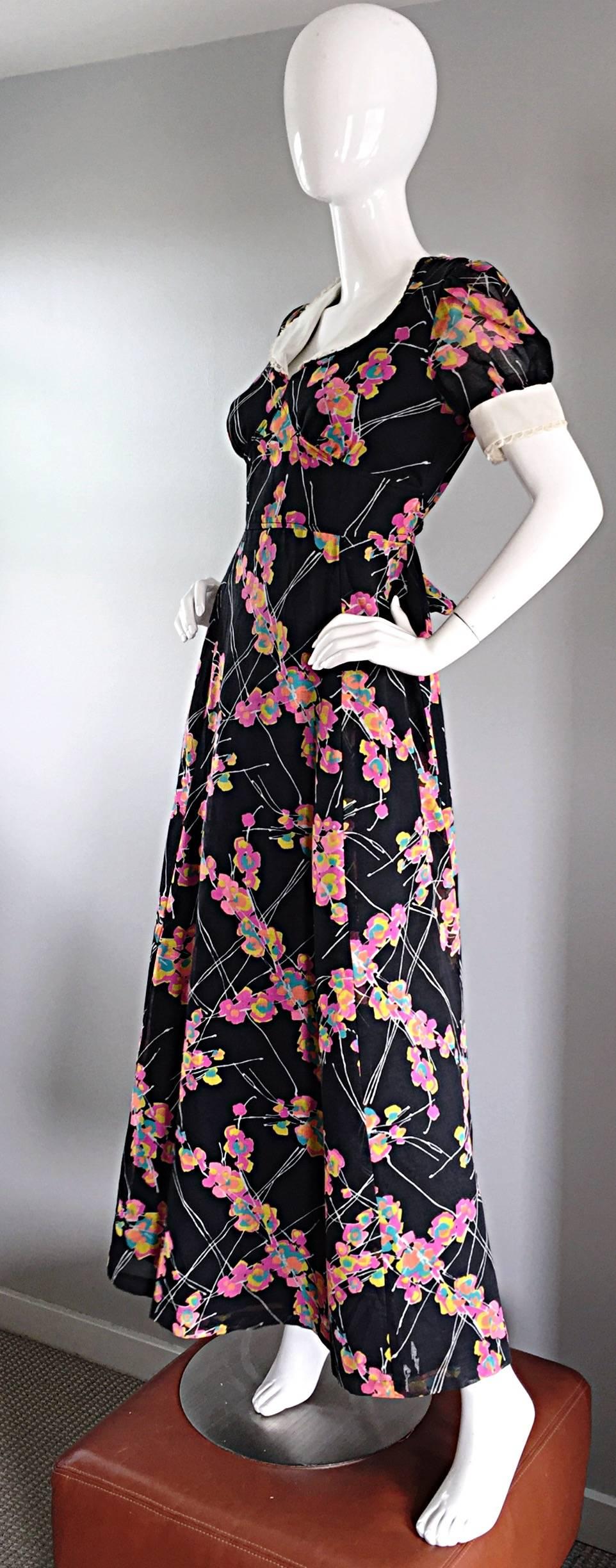 1970s Joseph Magnin Black Multi Colored Flower Print Vintage 70s Maxi Dress For Sale 1