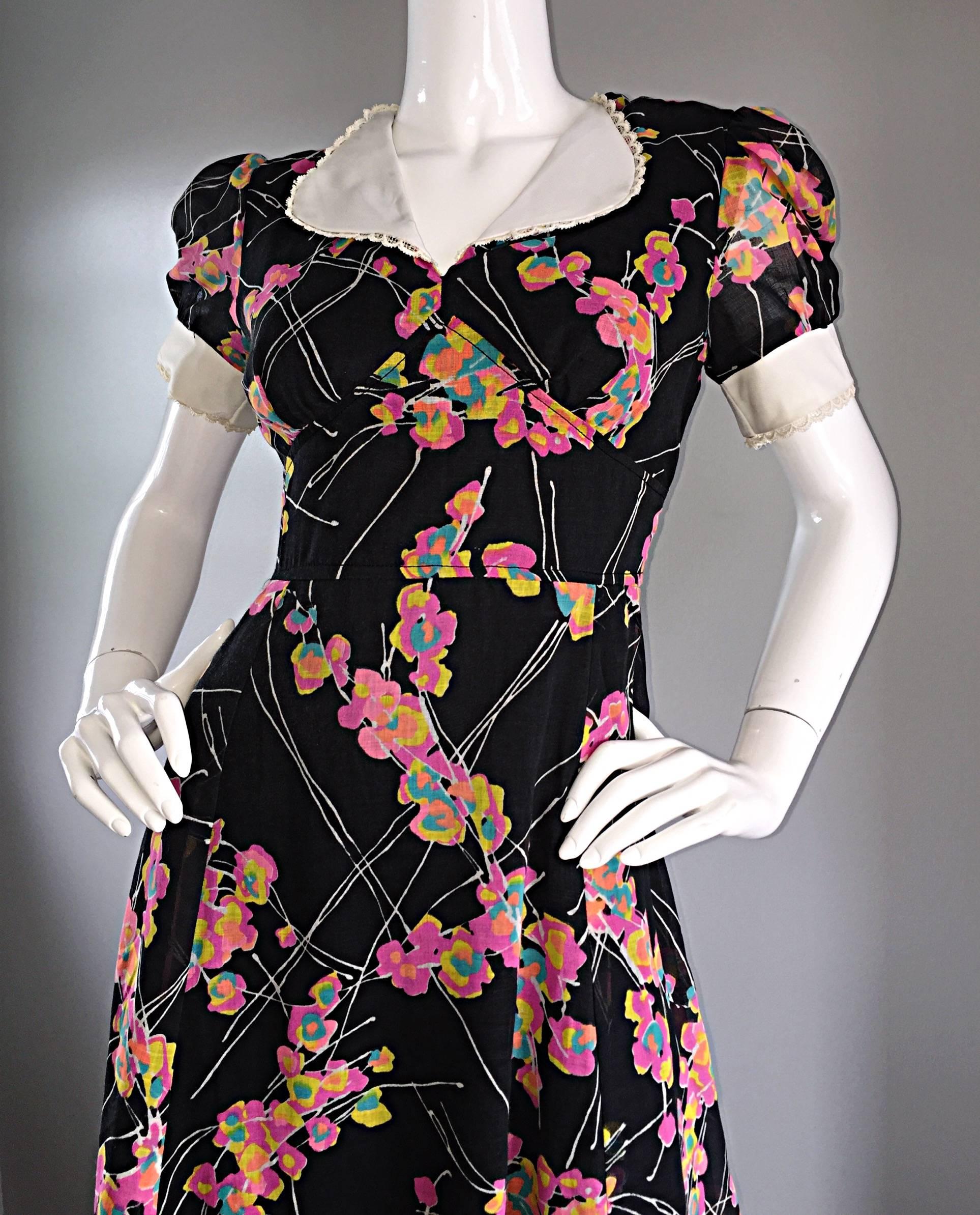 Women's 1970s Joseph Magnin Black Multi Colored Flower Print Vintage 70s Maxi Dress For Sale