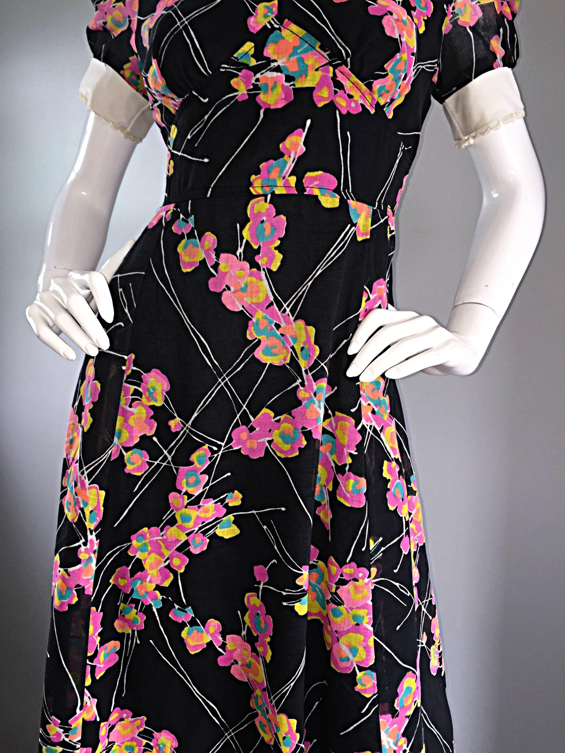 1970s Joseph Magnin Black Multi Colored Flower Print Vintage 70s Maxi Dress For Sale 2