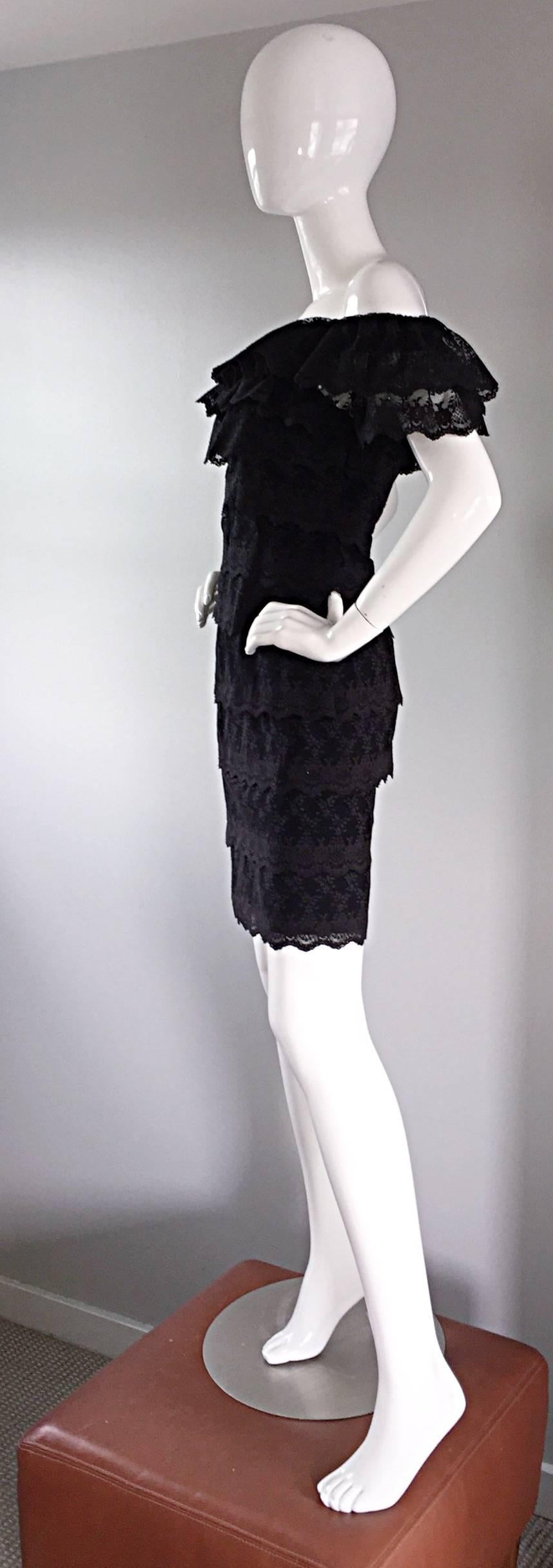 Vintage Tadashi Shoji 1990s 90s Black Lace Off - Shoulder Cocktail Dress LBD  1