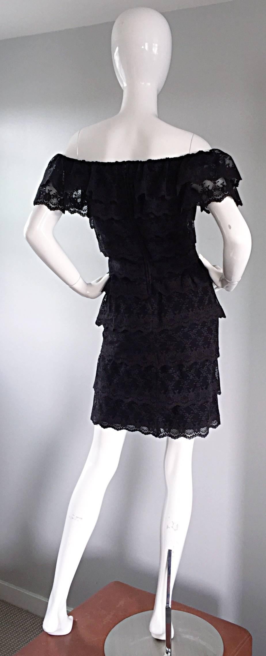 Vintage Tadashi Shoji 1990s 90s Black Lace Off - Shoulder Cocktail Dress LBD  In Excellent Condition In San Diego, CA