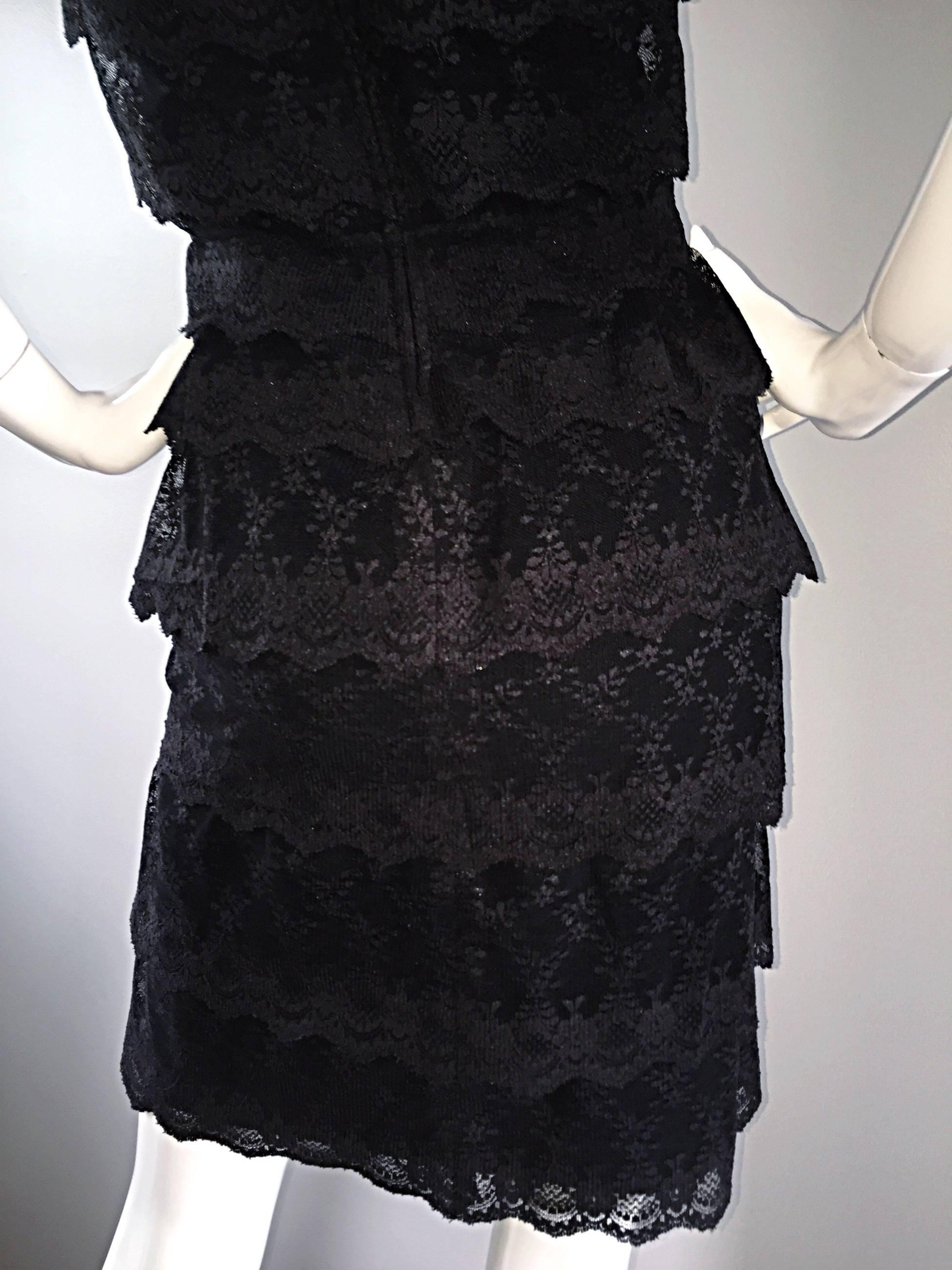 Vintage Tadashi Shoji 1990s 90s Black Lace Off - Shoulder Cocktail Dress LBD  2
