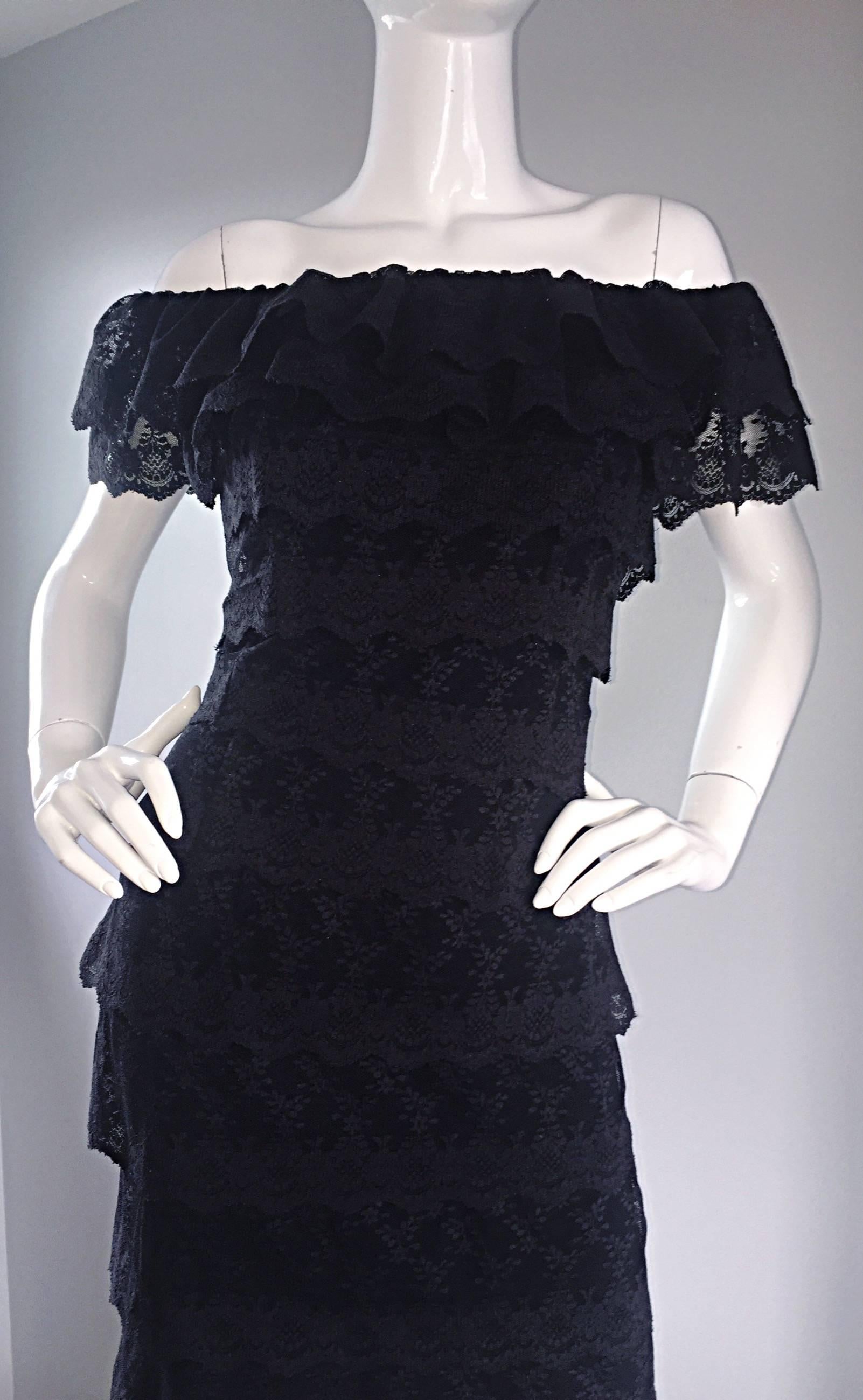 Women's Vintage Tadashi Shoji 1990s 90s Black Lace Off - Shoulder Cocktail Dress LBD 