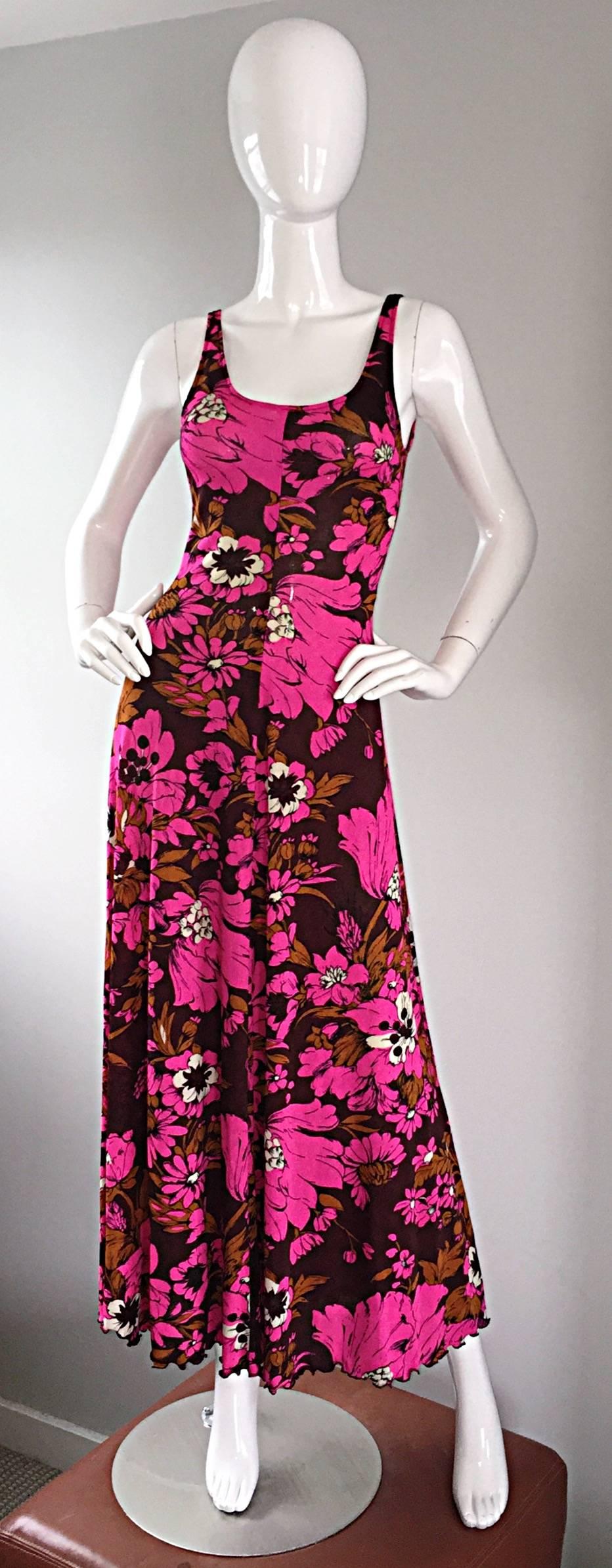 Amazing vintage MICHAEL DAYAN, for TAPE MEASURE, 70s jersey maxi dress! Hard to find, and coveted label! Slinky fit, with an intriguing floral print! Bright pink (fuchsia), and browns throughout. Tank style, with a flattering fit, and timeless
