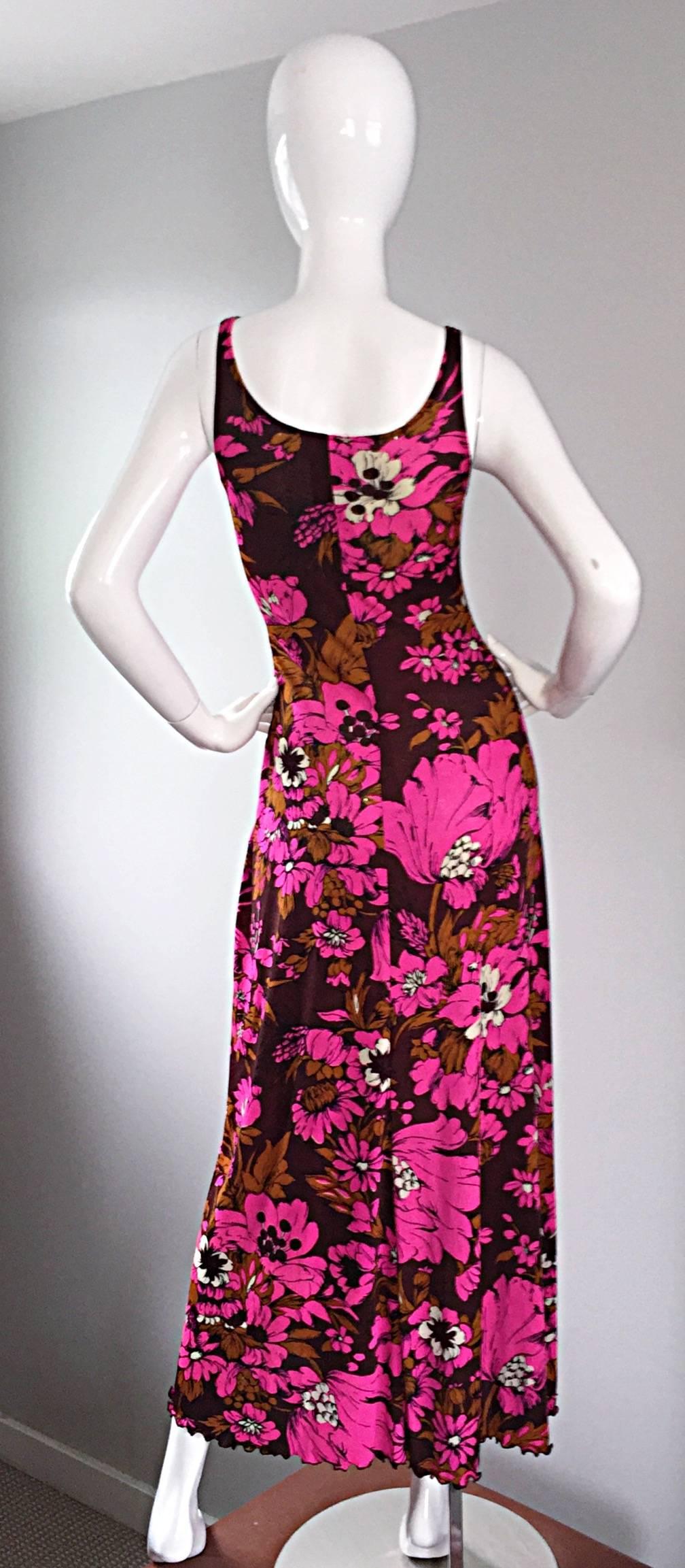 Women's 1970s Michael Dayan Hot Pink + Brown Floral 70s Vintage Jersey Maxi Dress