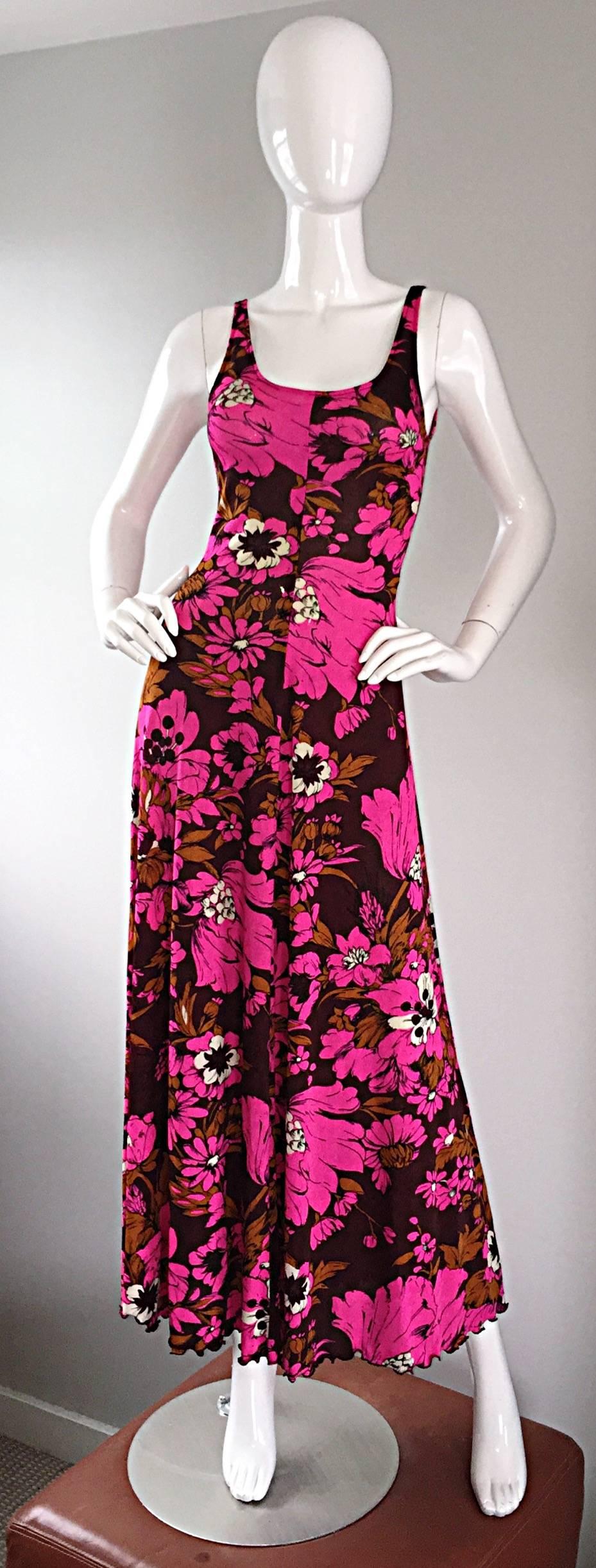 1970s Michael Dayan Hot Pink + Brown Floral 70s Vintage Jersey Maxi Dress 2