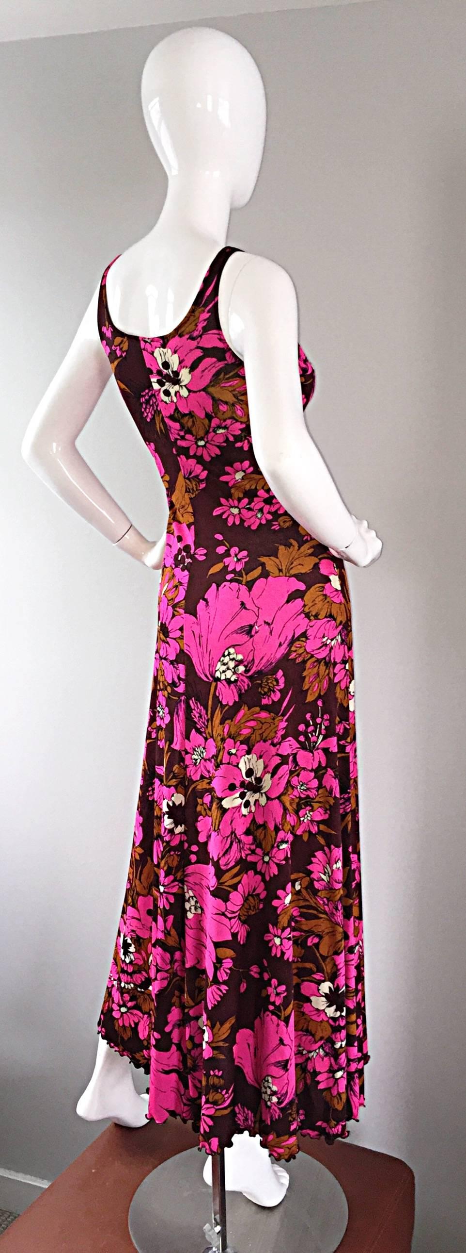 1970s Michael Dayan Hot Pink + Brown Floral 70s Vintage Jersey Maxi Dress 1