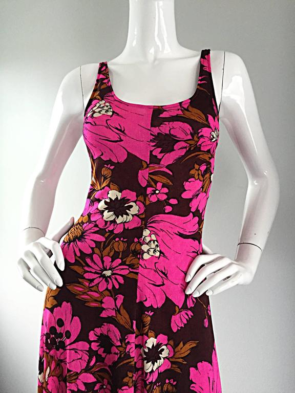1970s Michael Dayan Hot Pink + Brown Floral 70s Vintage Jersey Maxi ...