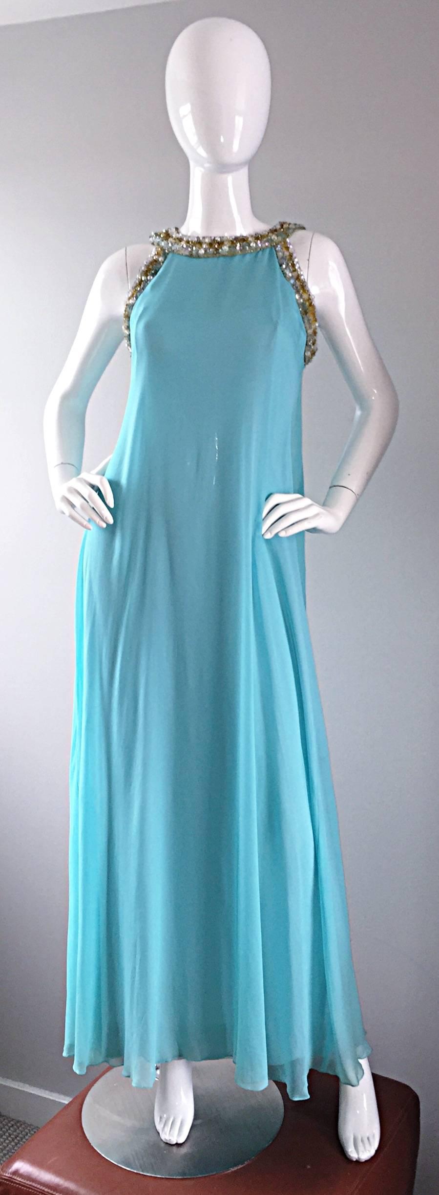 1960s Lord & Taylor Light Blue Aqua Chiffon Jeweled Rhinestone Vintage 60s Gown For Sale 2
