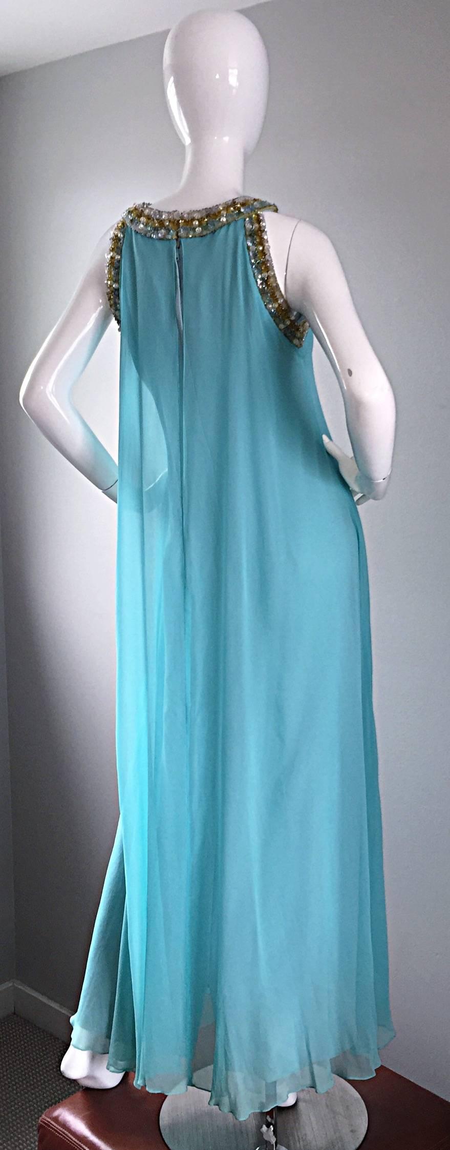 1960s Lord & Taylor Light Blue Aqua Chiffon Jeweled Rhinestone Vintage 60s Gown For Sale 1