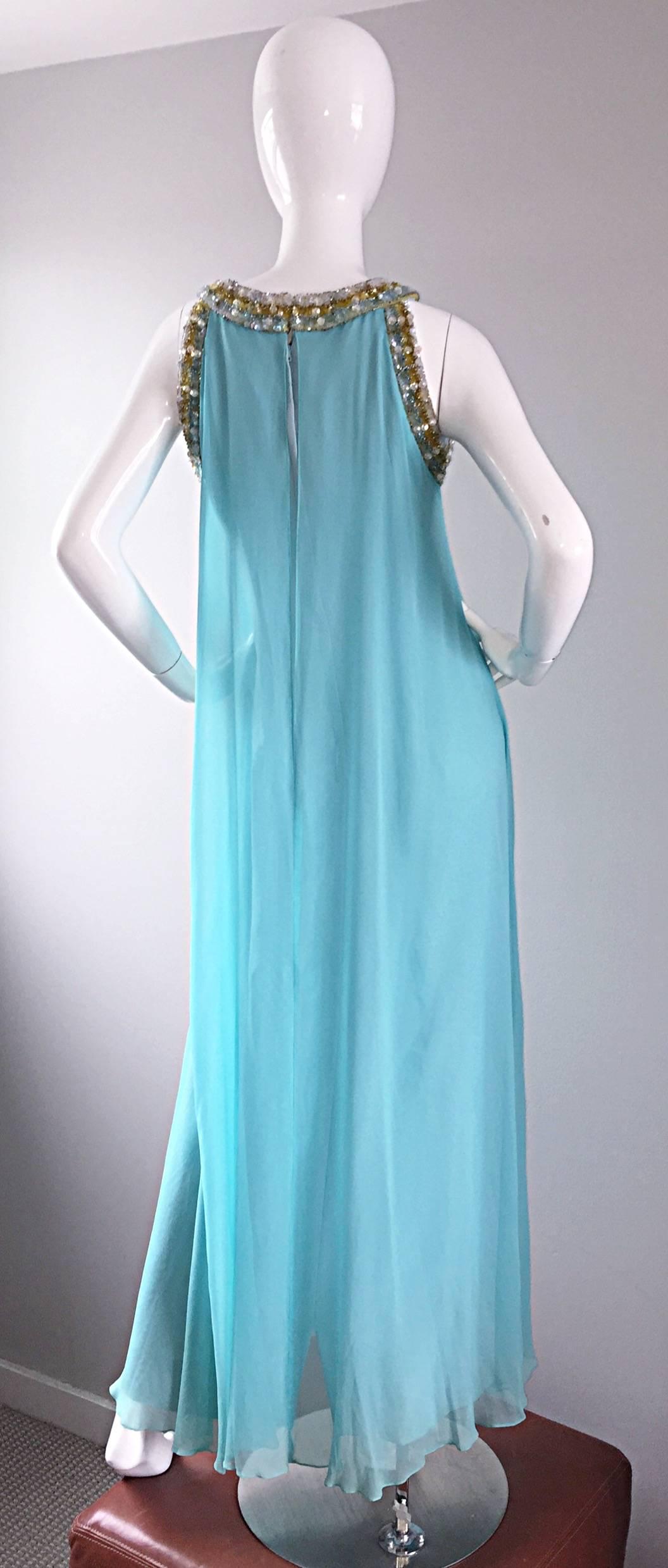 1960s Lord & Taylor Light Blue Aqua Chiffon Jeweled Rhinestone Vintage 60s Gown In Excellent Condition For Sale In San Diego, CA