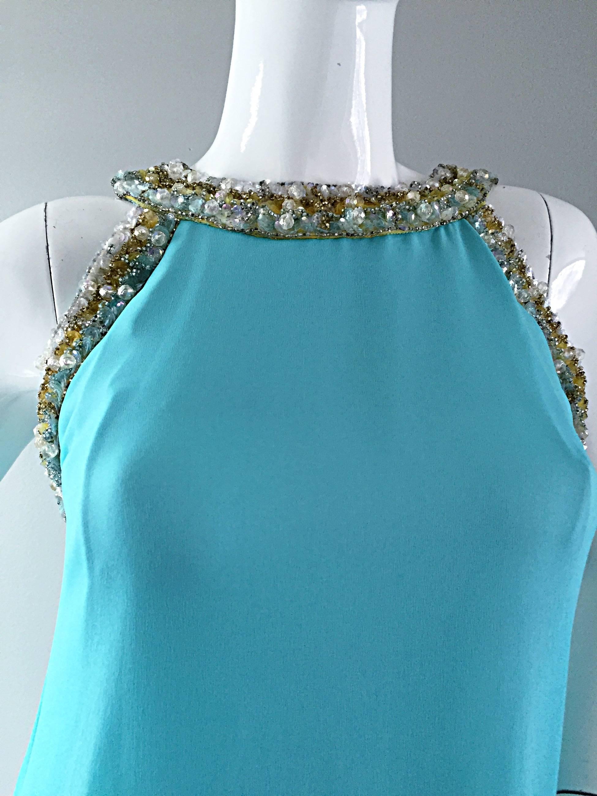 Women's 1960s Lord & Taylor Light Blue Aqua Chiffon Jeweled Rhinestone Vintage 60s Gown