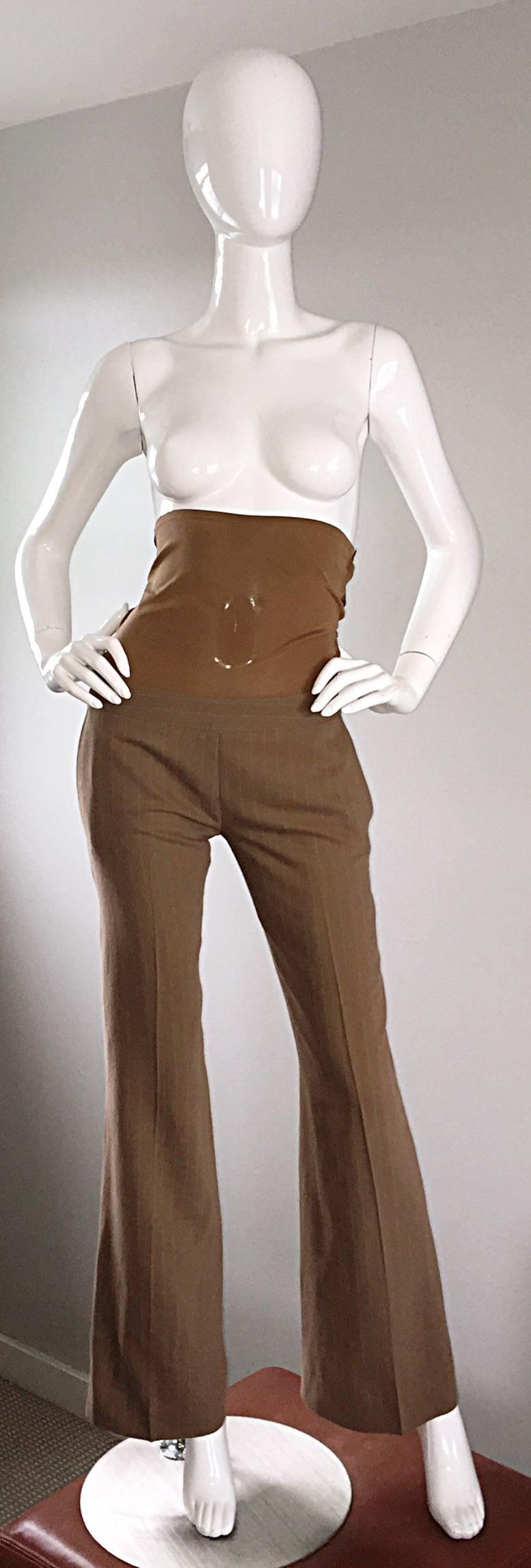 Amazing and rare 1990s DIRK BIKKEMBERGS ultra high-waisted corset trousers! Light brown, with all-over pinstripes. Attached silk corset, with hook-and-eye closures down the side. Slim fit, with wide flared legs. Very flattering, and can be worn a