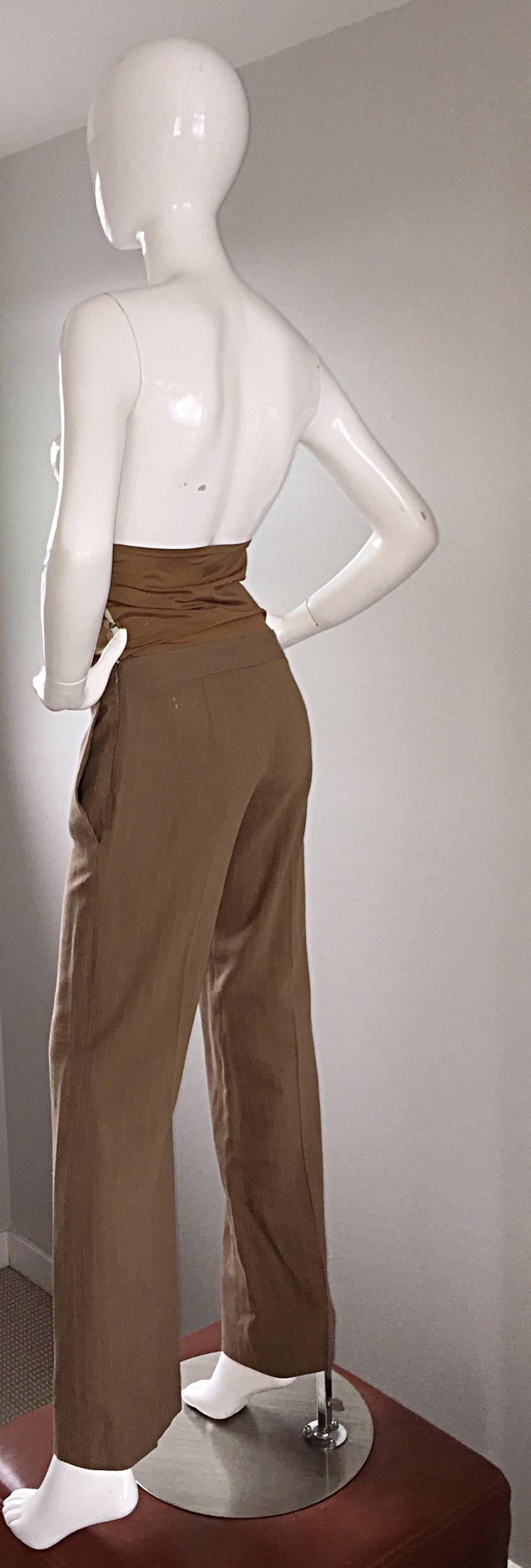 Rare Dirk Bikkembergs Ultra High Waisted Corset Brown Pinstripe Flare Leg Pants In Excellent Condition For Sale In San Diego, CA