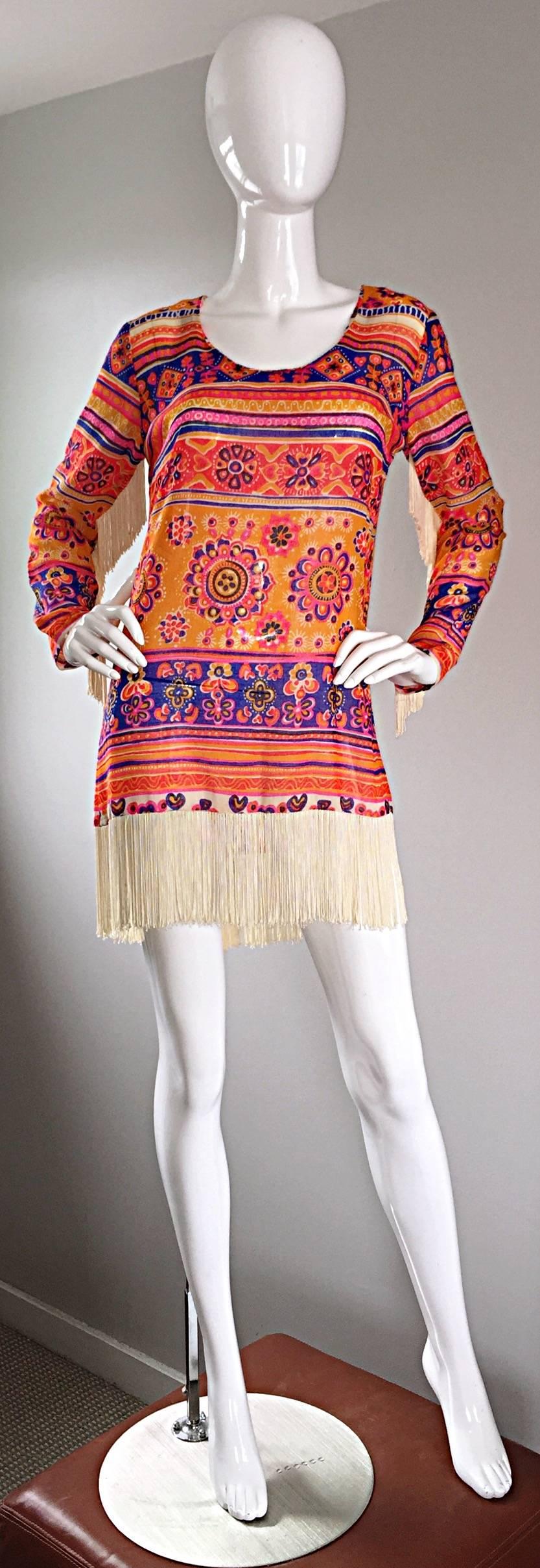 Amazing Vintage Victor Bijou for Joseph Magnin 1970s Boho Fringed Tunic Dress 5