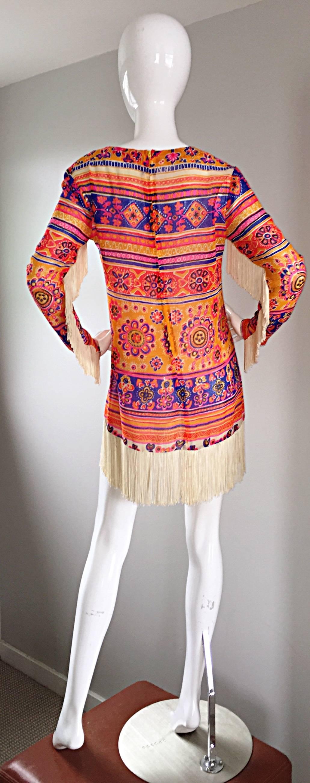 Amazing Vintage Victor Bijou for Joseph Magnin 1970s Boho Fringed Tunic Dress 4