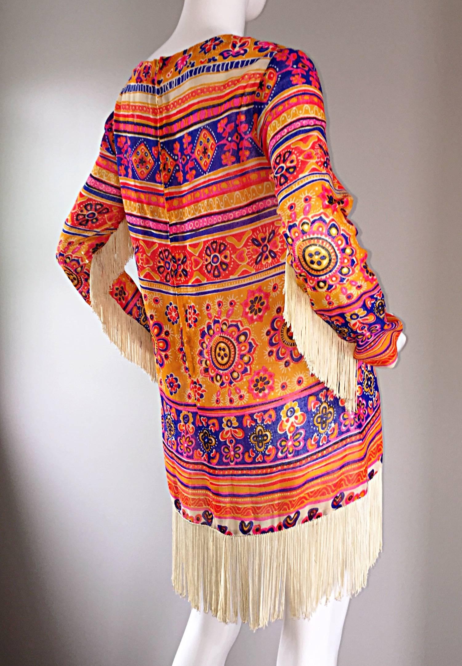 Amazing Vintage Victor Bijou for Joseph Magnin 1970s Boho Fringed Tunic Dress In Excellent Condition In San Diego, CA