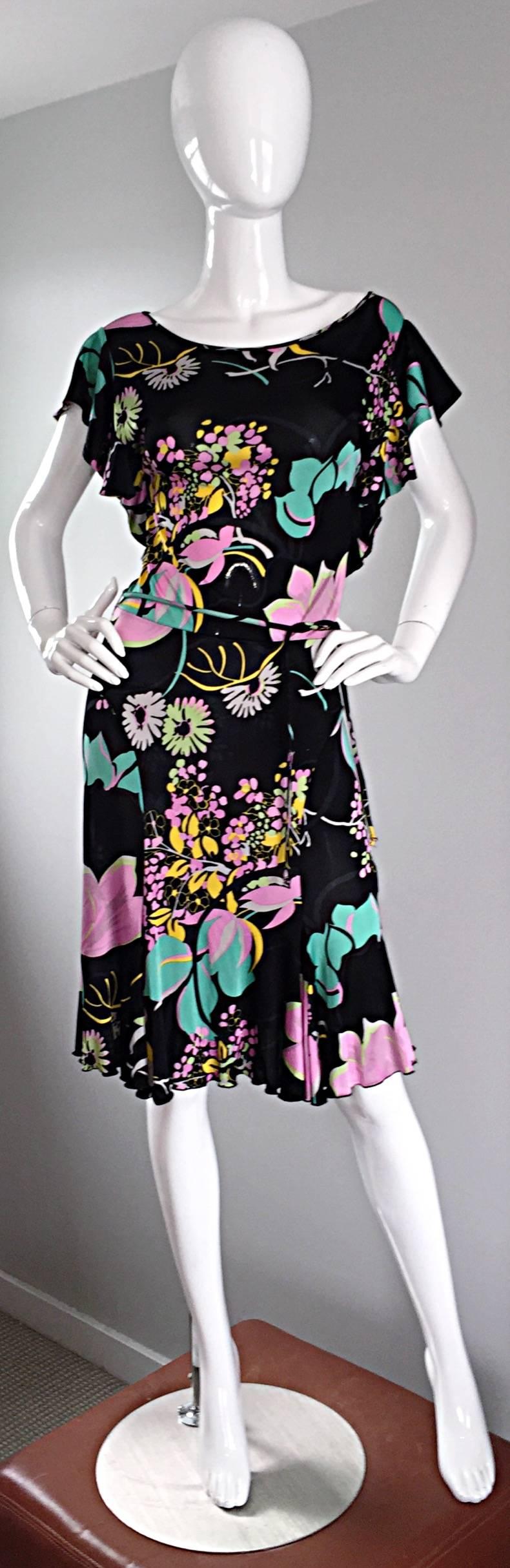 Beautiful Blumarine by Anna Molinari Black Rayon Jersey 1930s Style Dress + Belt For Sale 4