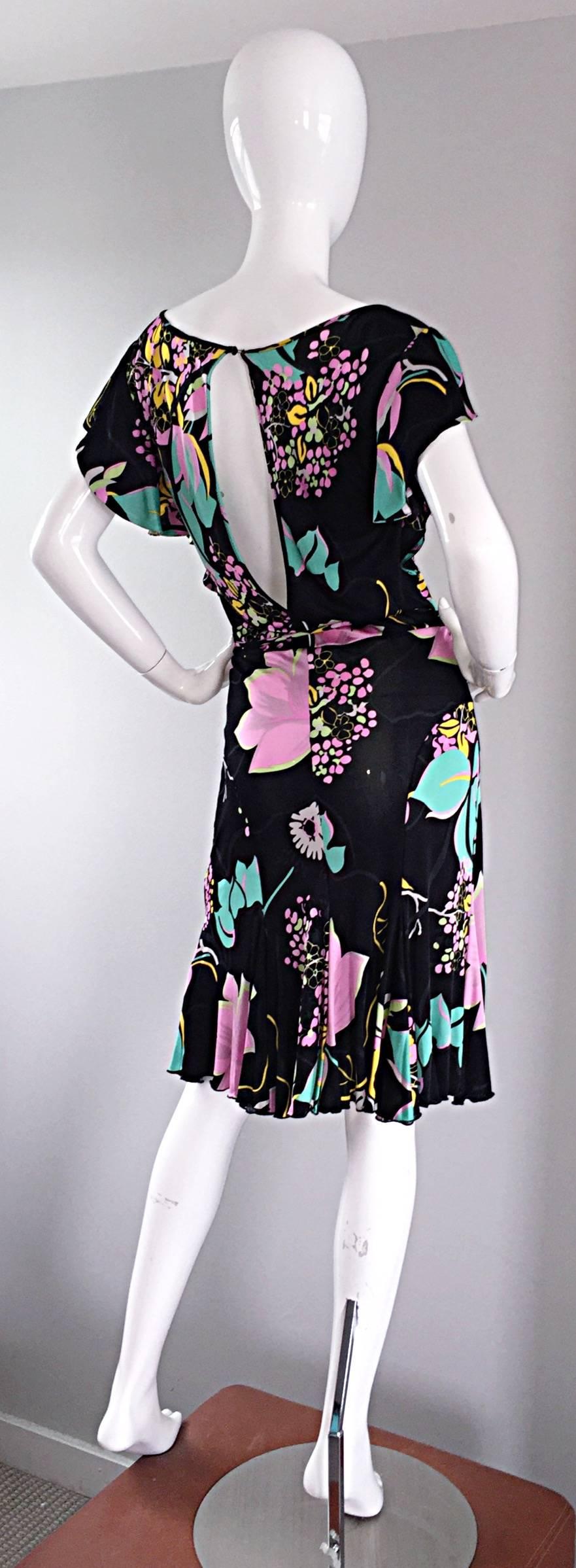 Beautiful Blumarine by Anna Molinari Black Rayon Jersey 1930s Style Dress + Belt For Sale 1